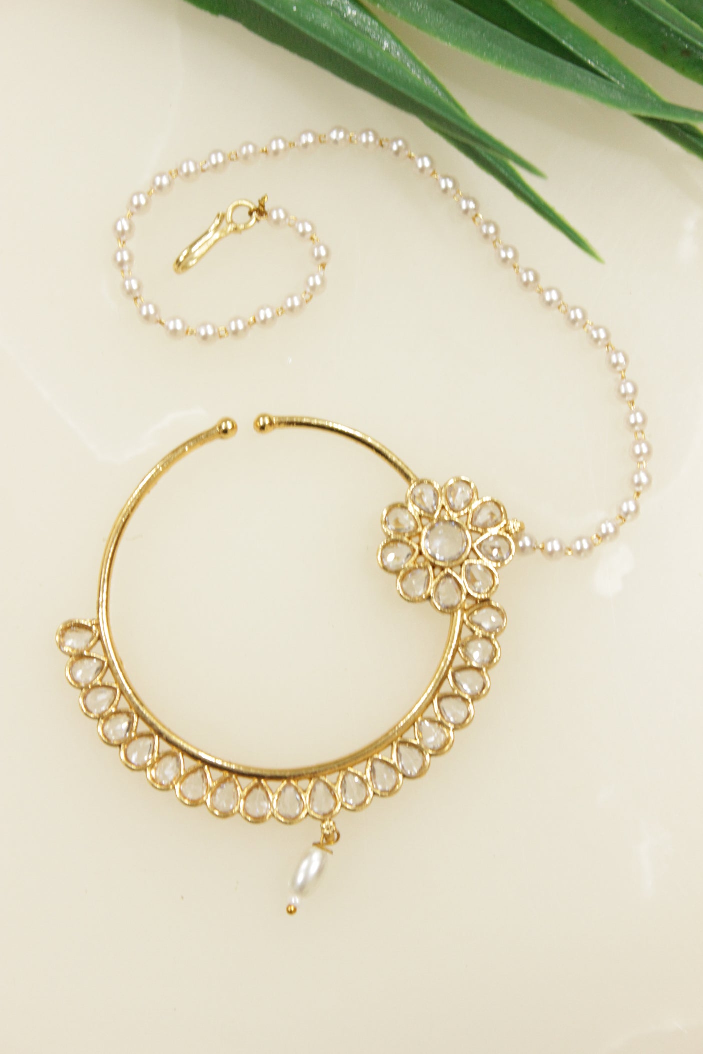 White Stones Embedded Gold Finish Clip On Nosepin/Nose Ring with Chain