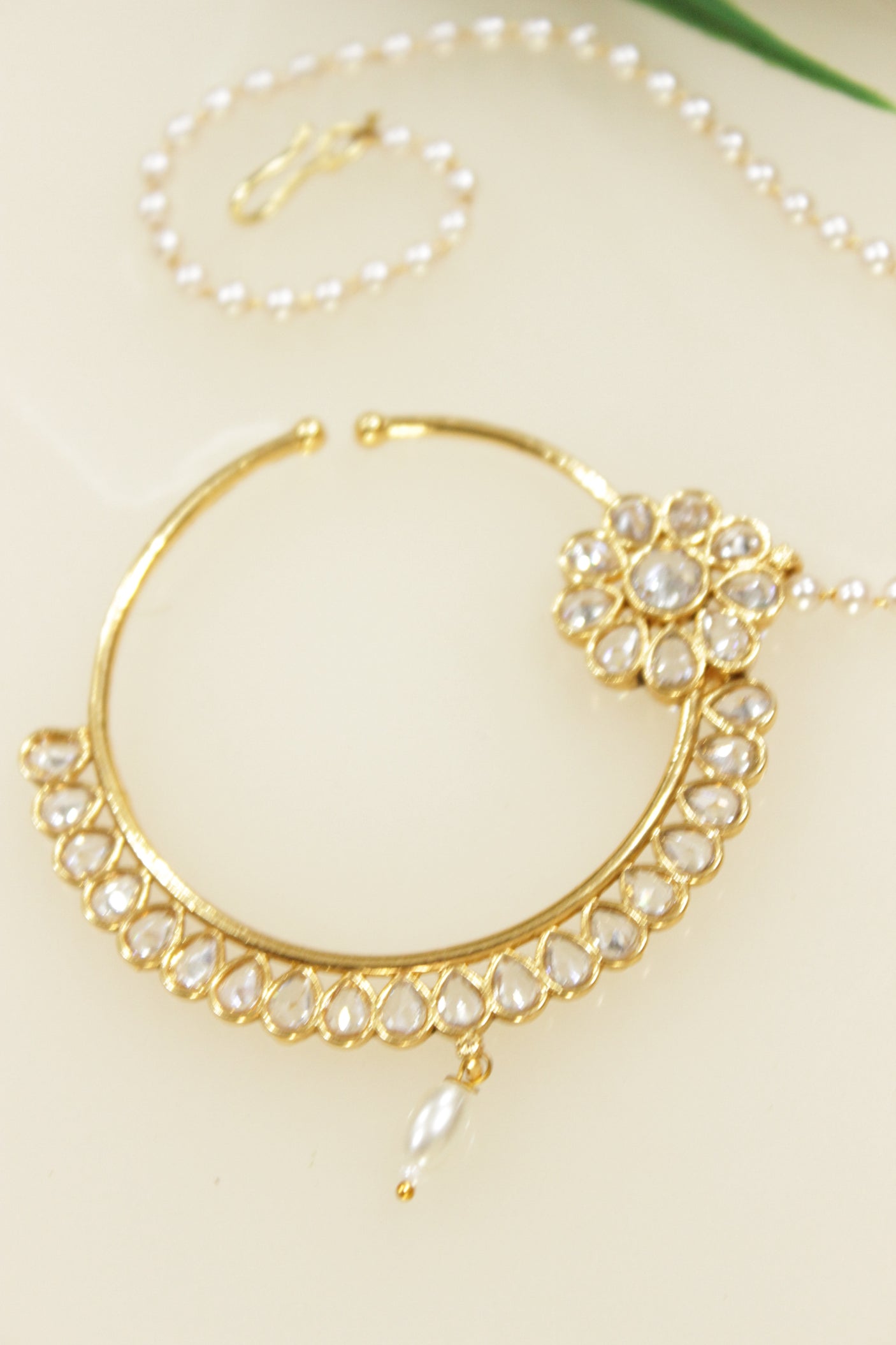 White Stones Embedded Gold Finish Clip On Nosepin/Nose Ring with Chain