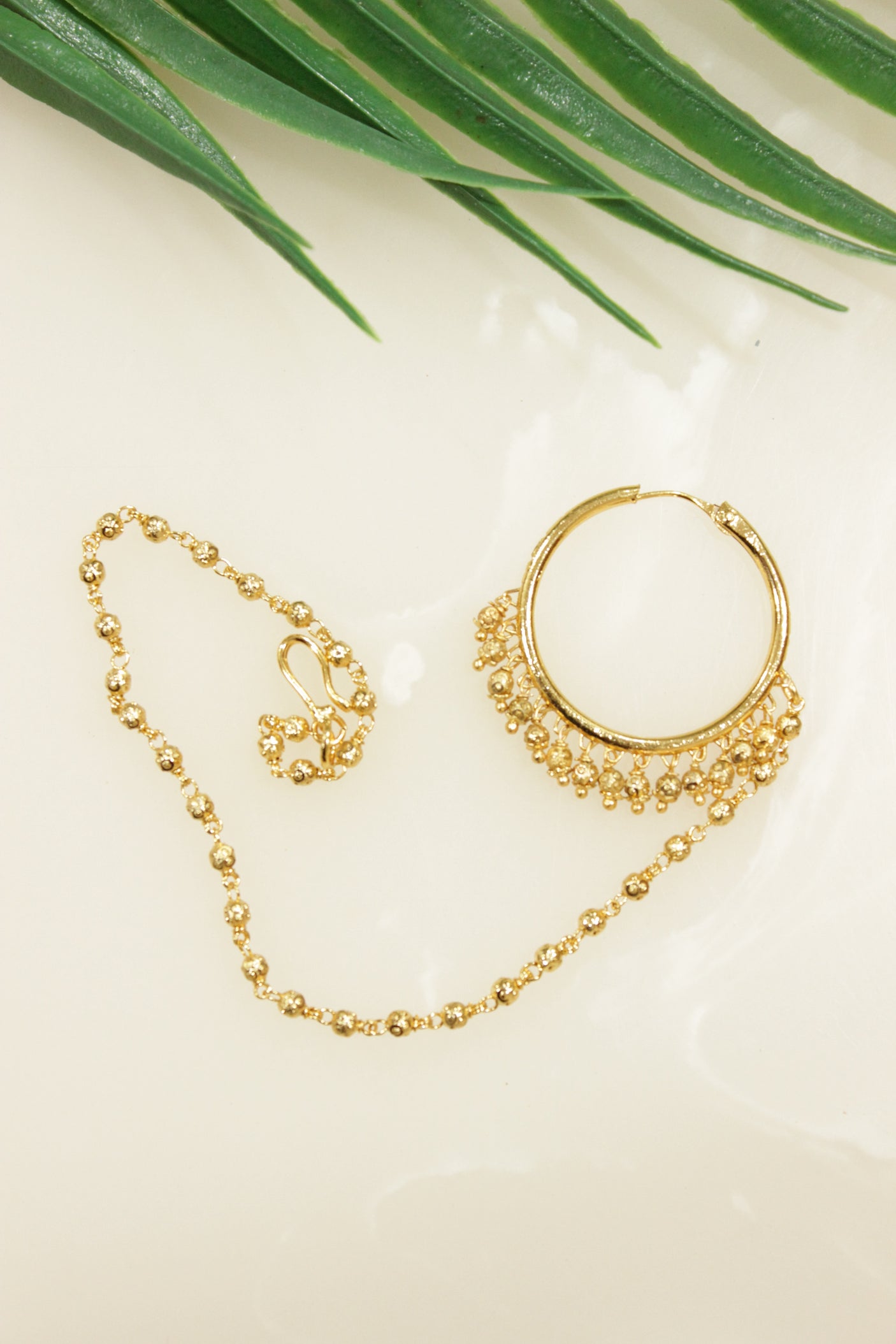 Gold Finish Pierced Nosepin/Nose Ring with Chain