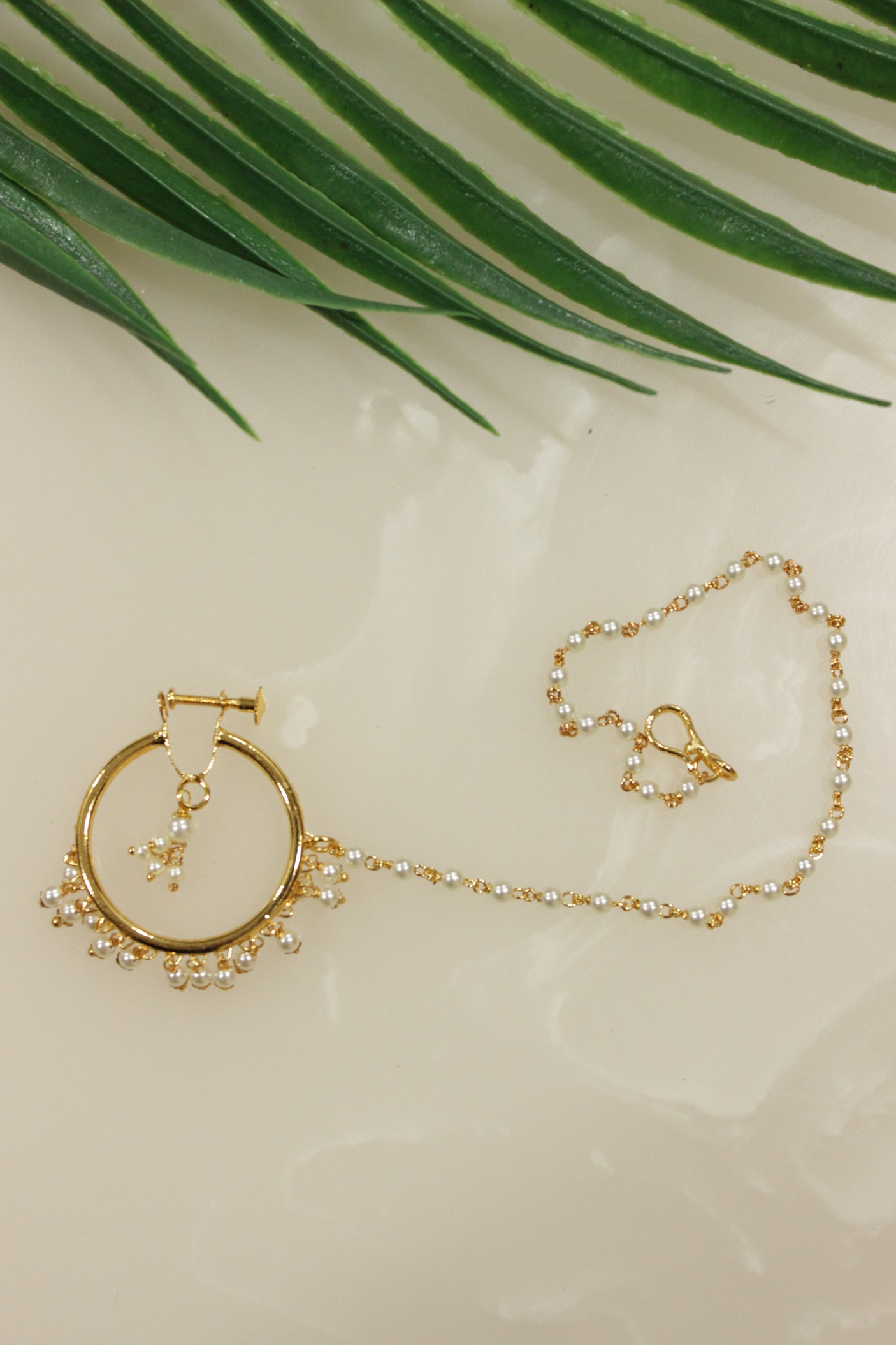 White Pearls Embellished Gold Finish Clip On Nosepin/Nose Ring with Chain