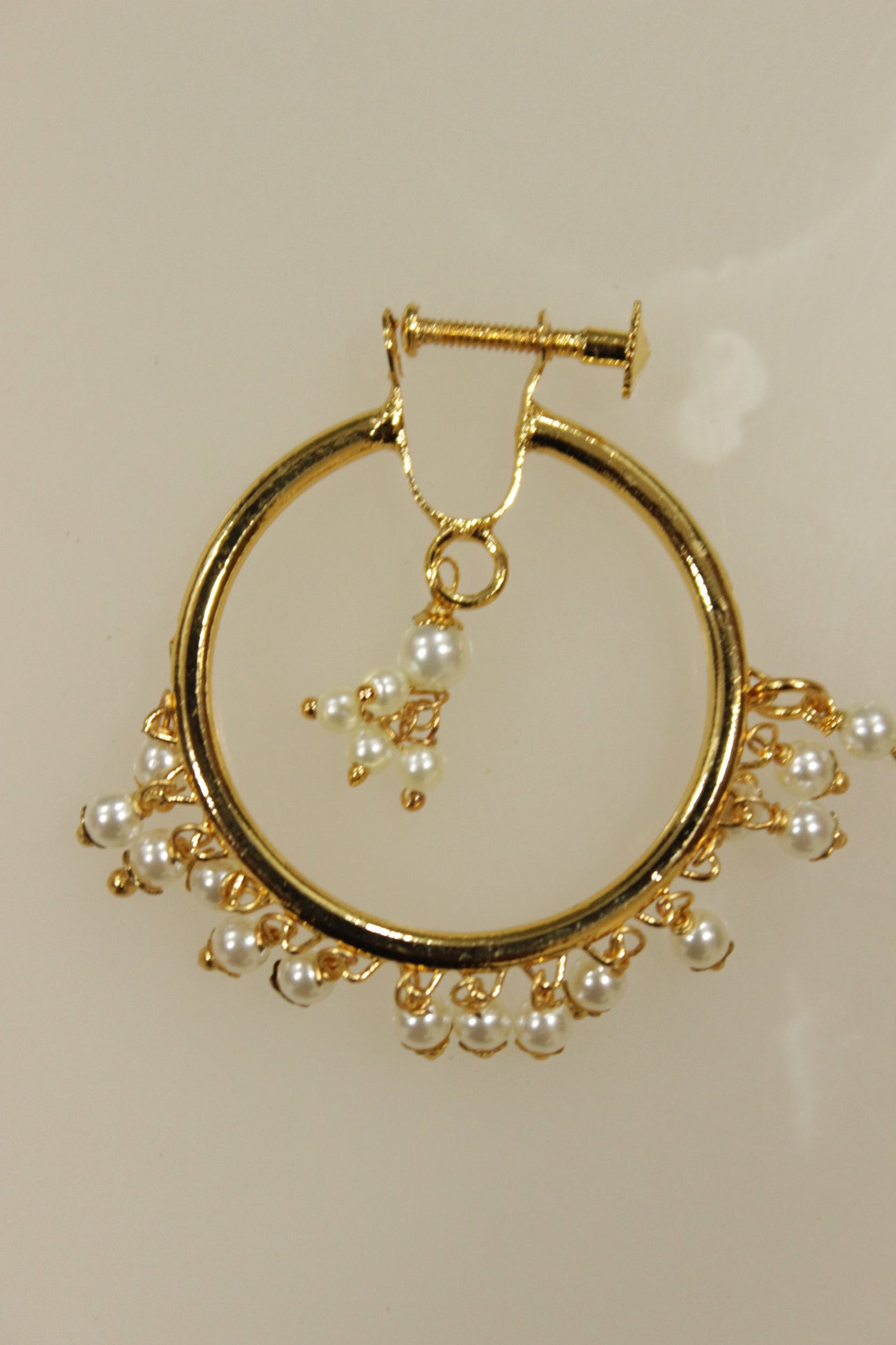 White Pearls Embellished Gold Finish Clip On Nosepin/Nose Ring with Chain
