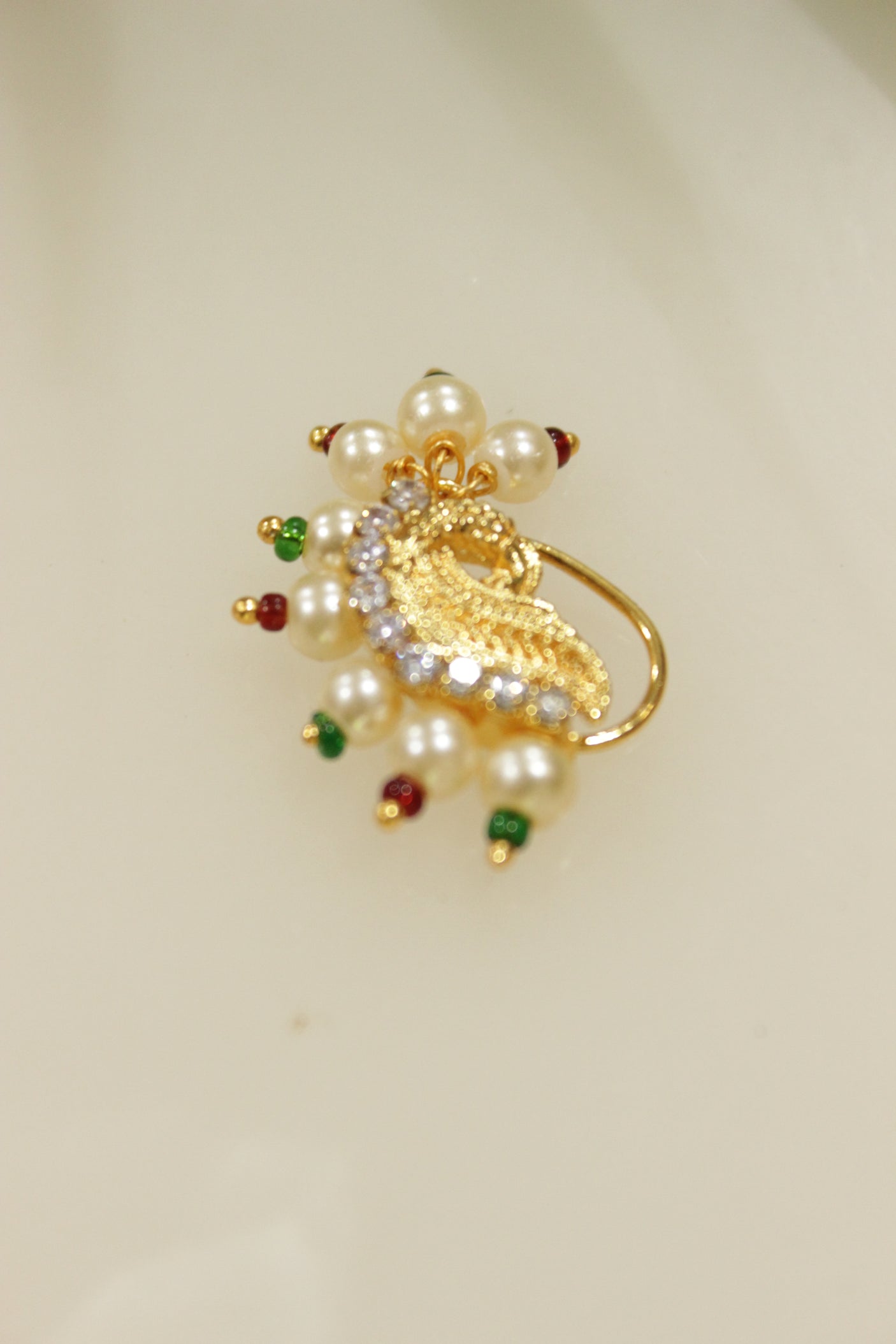 Red & Green Stones Embedded Peacock Maharashtrian Nath