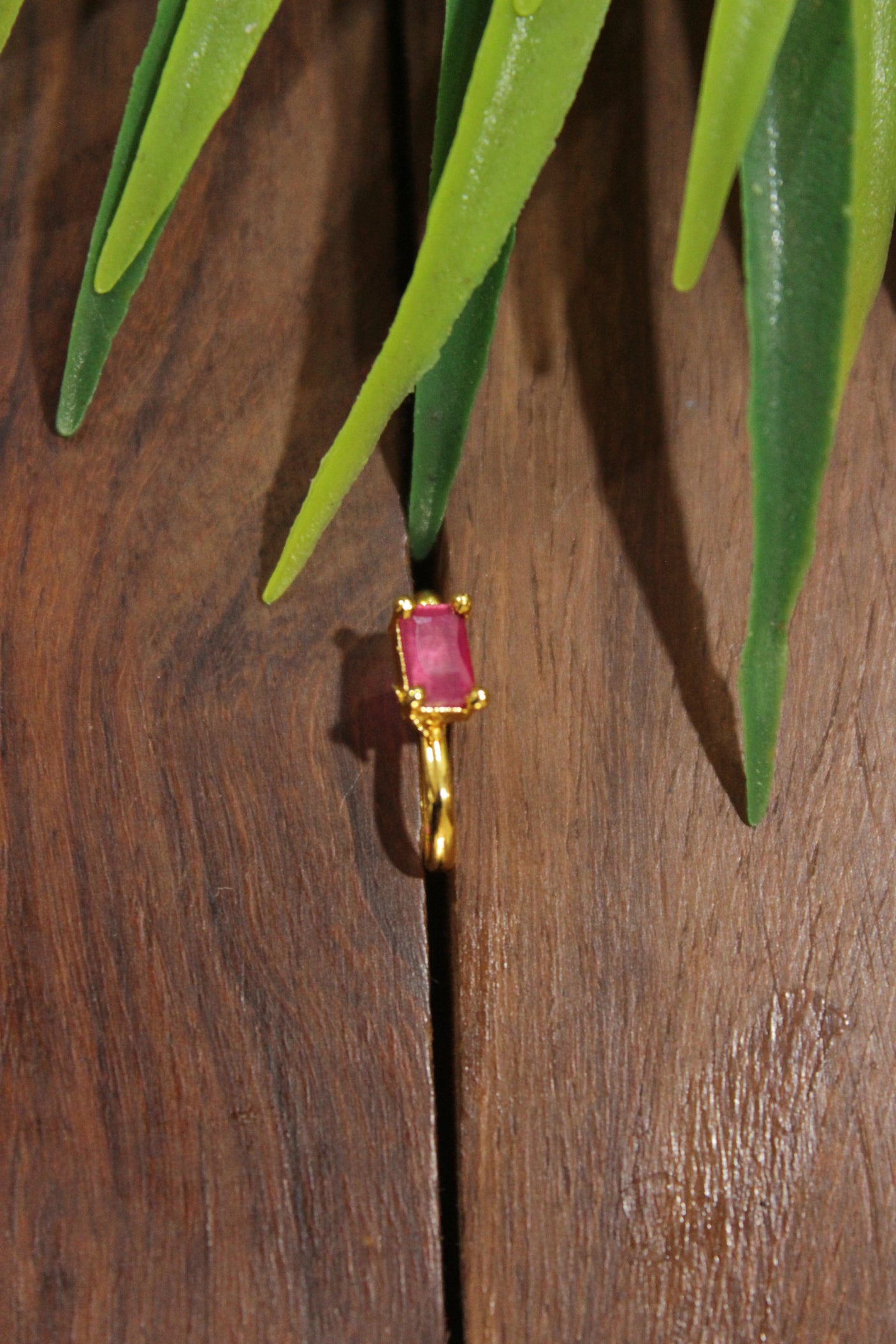 Ruby Pink Glass Stone Embedded Gold Finish Clip On Nosepin