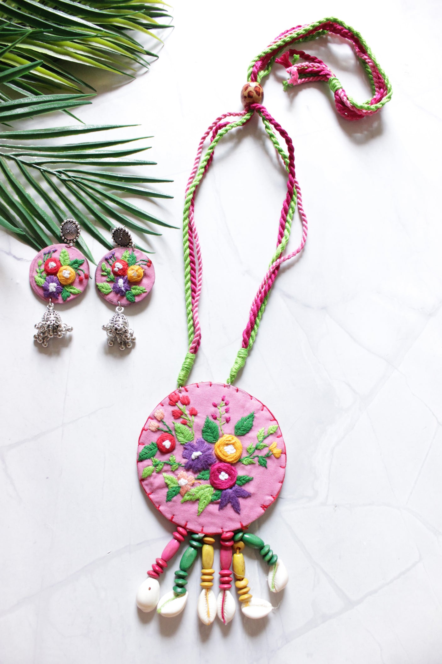 Hand Stitched Flowers Soft Pink Handmade Fabric Necklace Set with Multi-Color Wooden Beads with Adjustable Closure