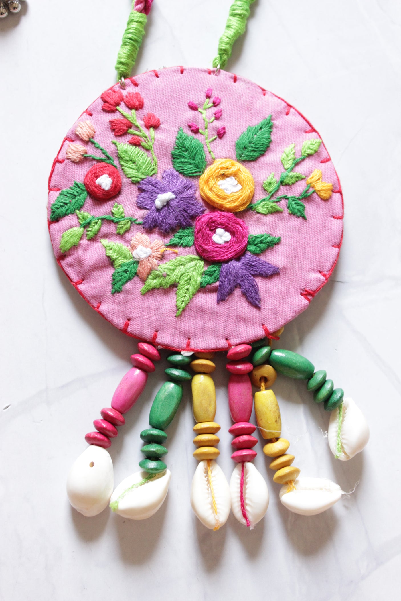 Hand Stitched Flowers Soft Pink Handmade Fabric Necklace Set with Multi-Color Wooden Beads with Adjustable Closure