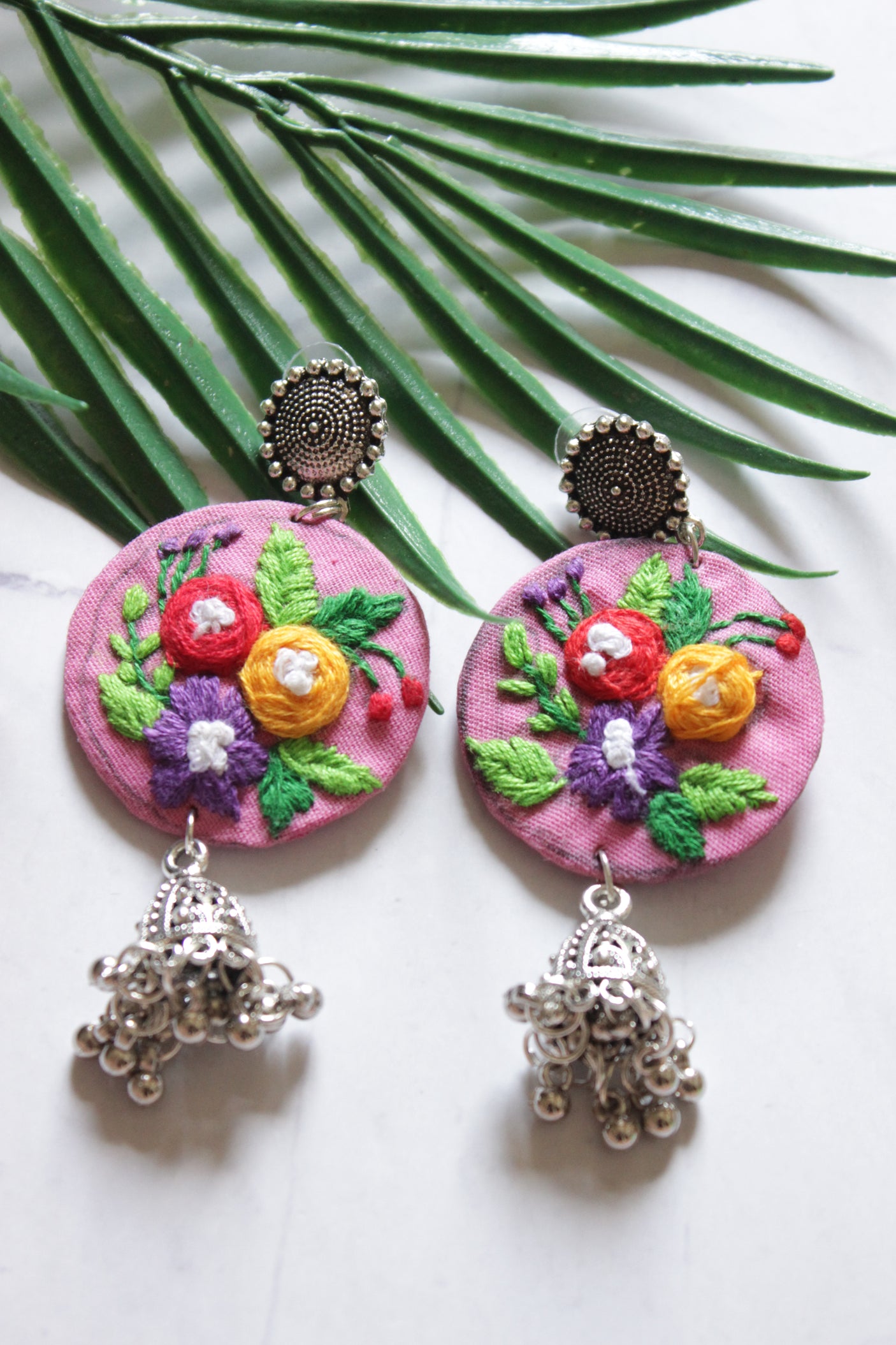 Hand Stitched Flowers Soft Pink Handmade Fabric Necklace Set with Multi-Color Wooden Beads with Adjustable Closure