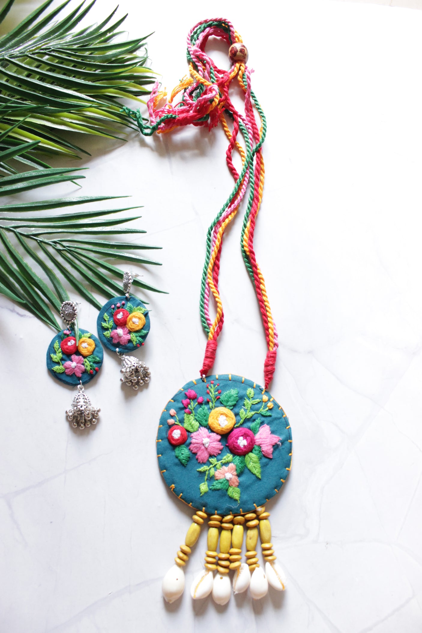 Hand Stitched Flowers Blue Handmade Fabric Necklace Set with Multi-Color Wooden Beads with Adjustable Closure