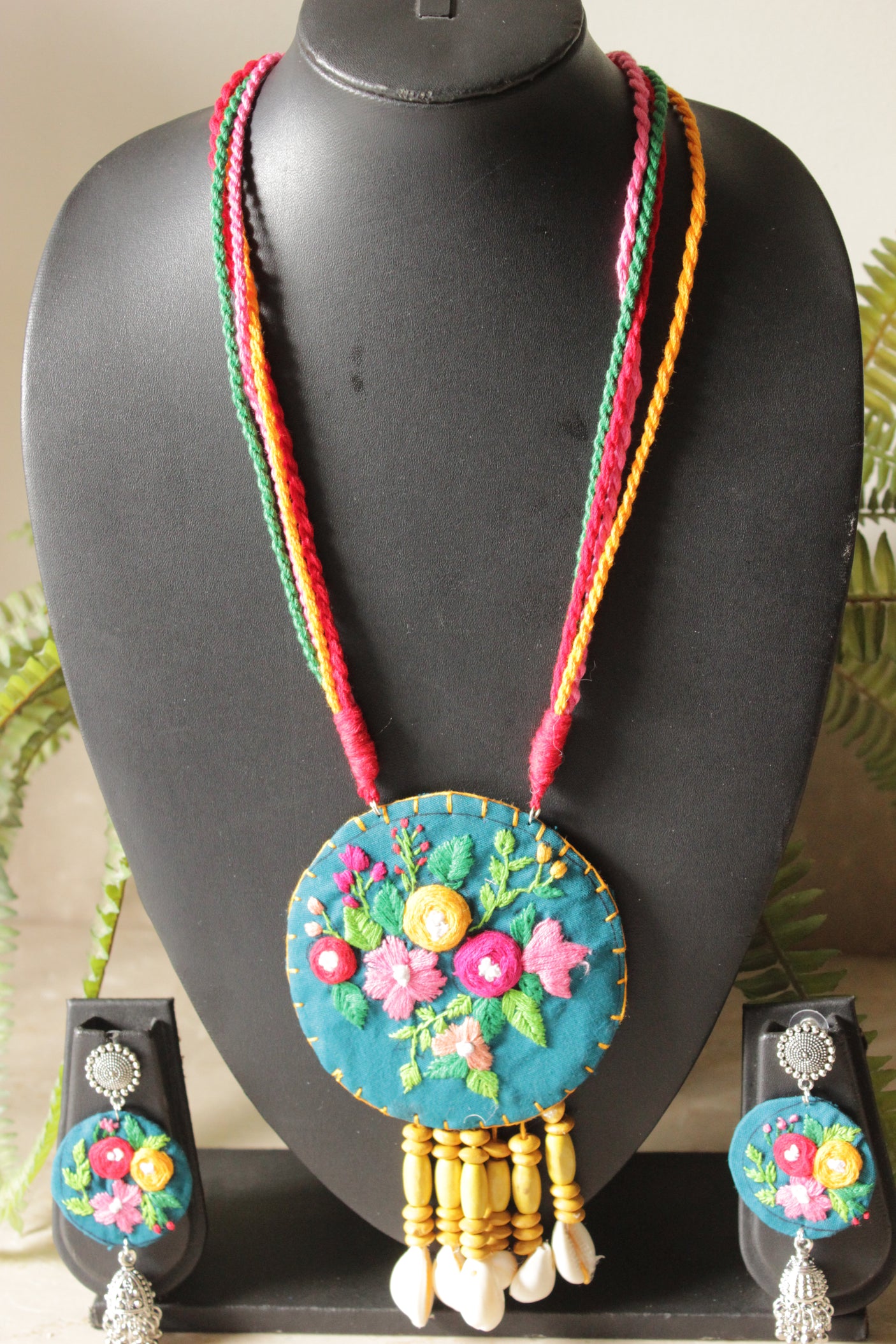 Hand Stitched Flowers Blue Handmade Fabric Necklace Set with Multi-Color Wooden Beads with Adjustable Closure