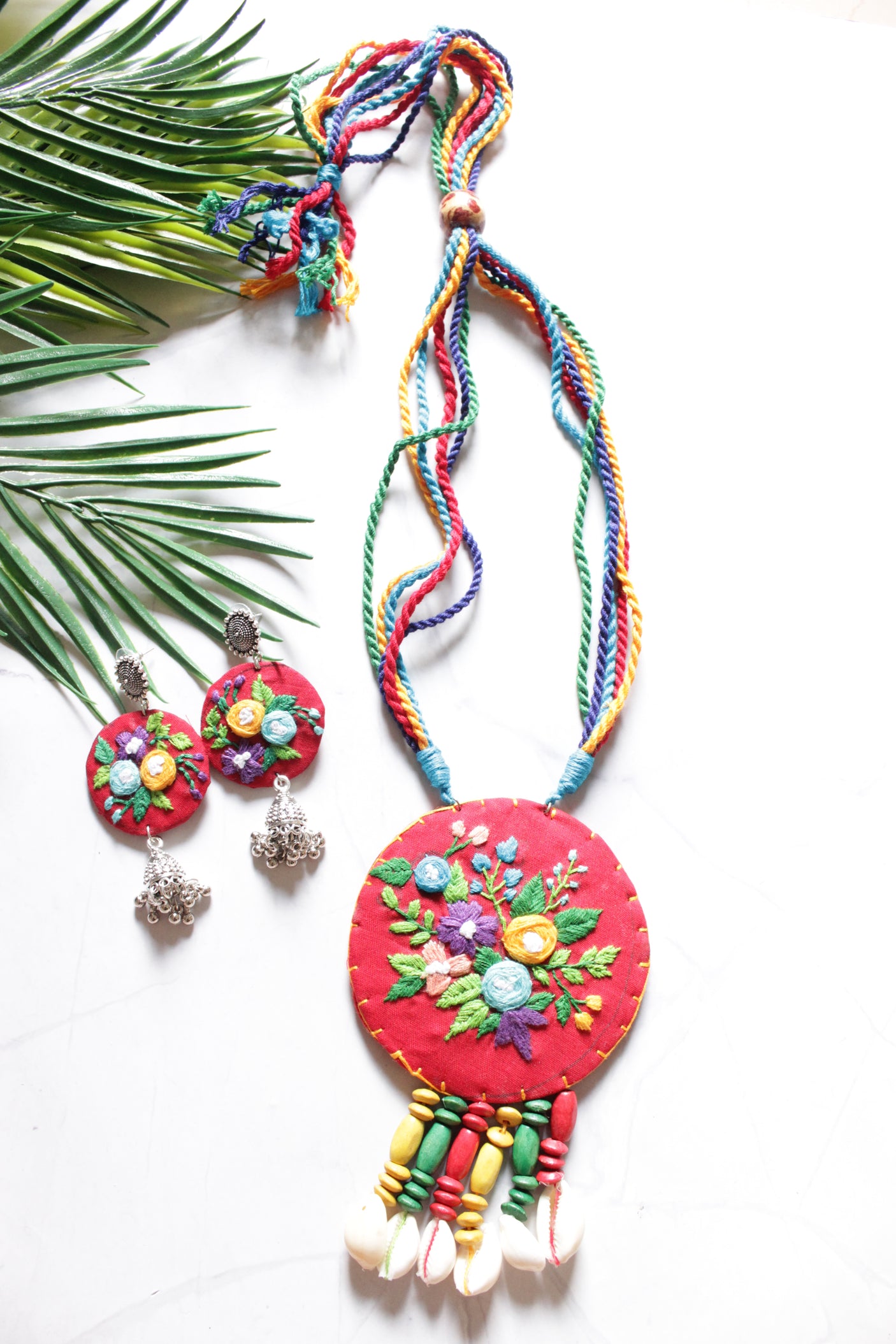 Hand Stitched Flowers Red Handmade Fabric Necklace Set with Multi-Color Wooden Beads with Adjustable Closure