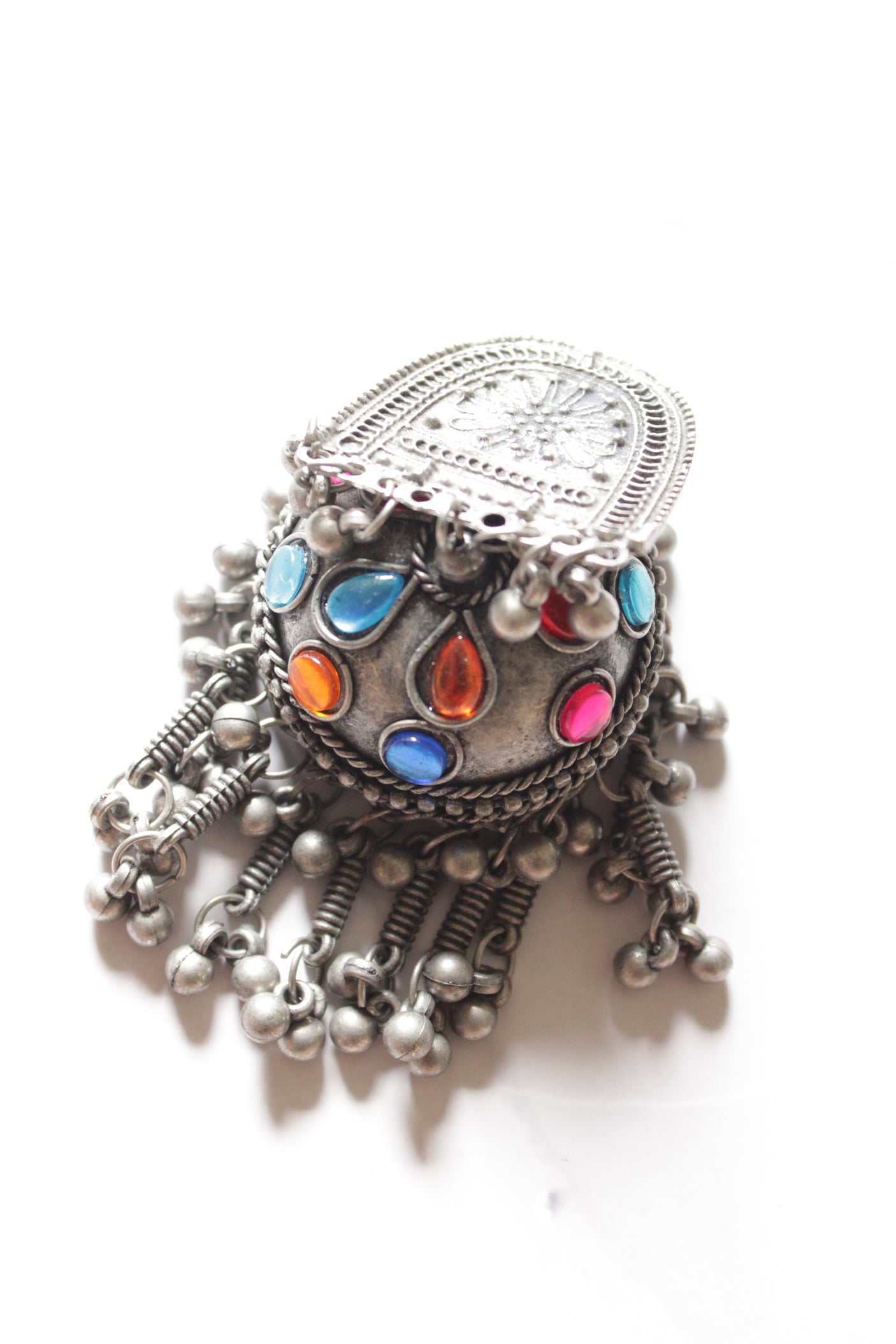 Multi-Color Stones Embedded Premium Oxidised Finish Jhumka Earrings