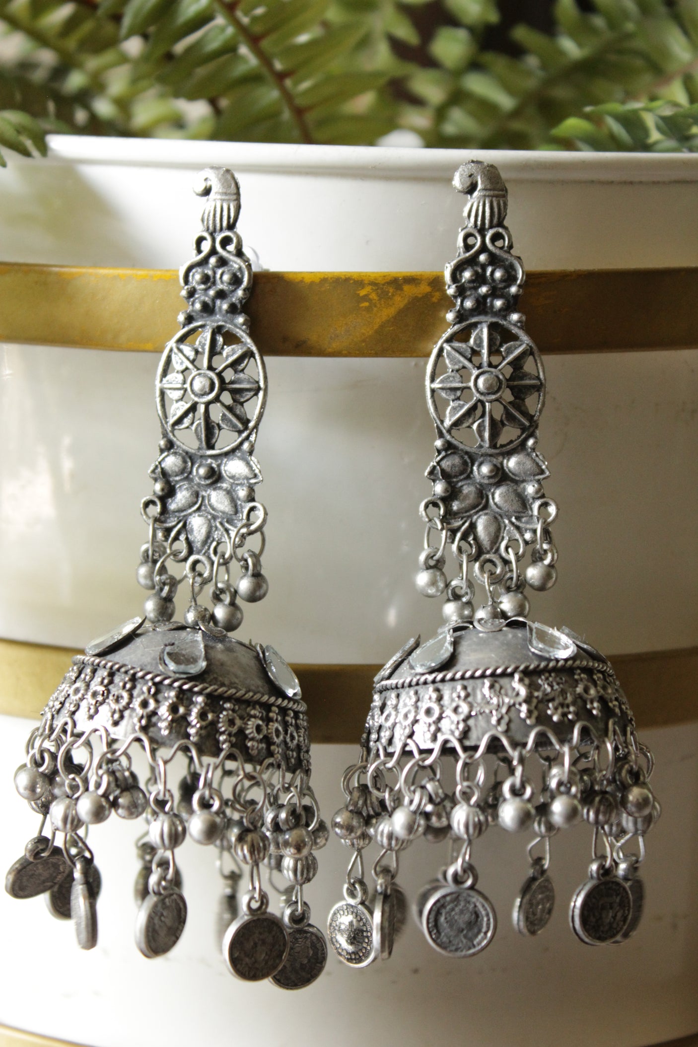 Premium Oxidised Finish Long Jhumka Earrings with Metal Charms