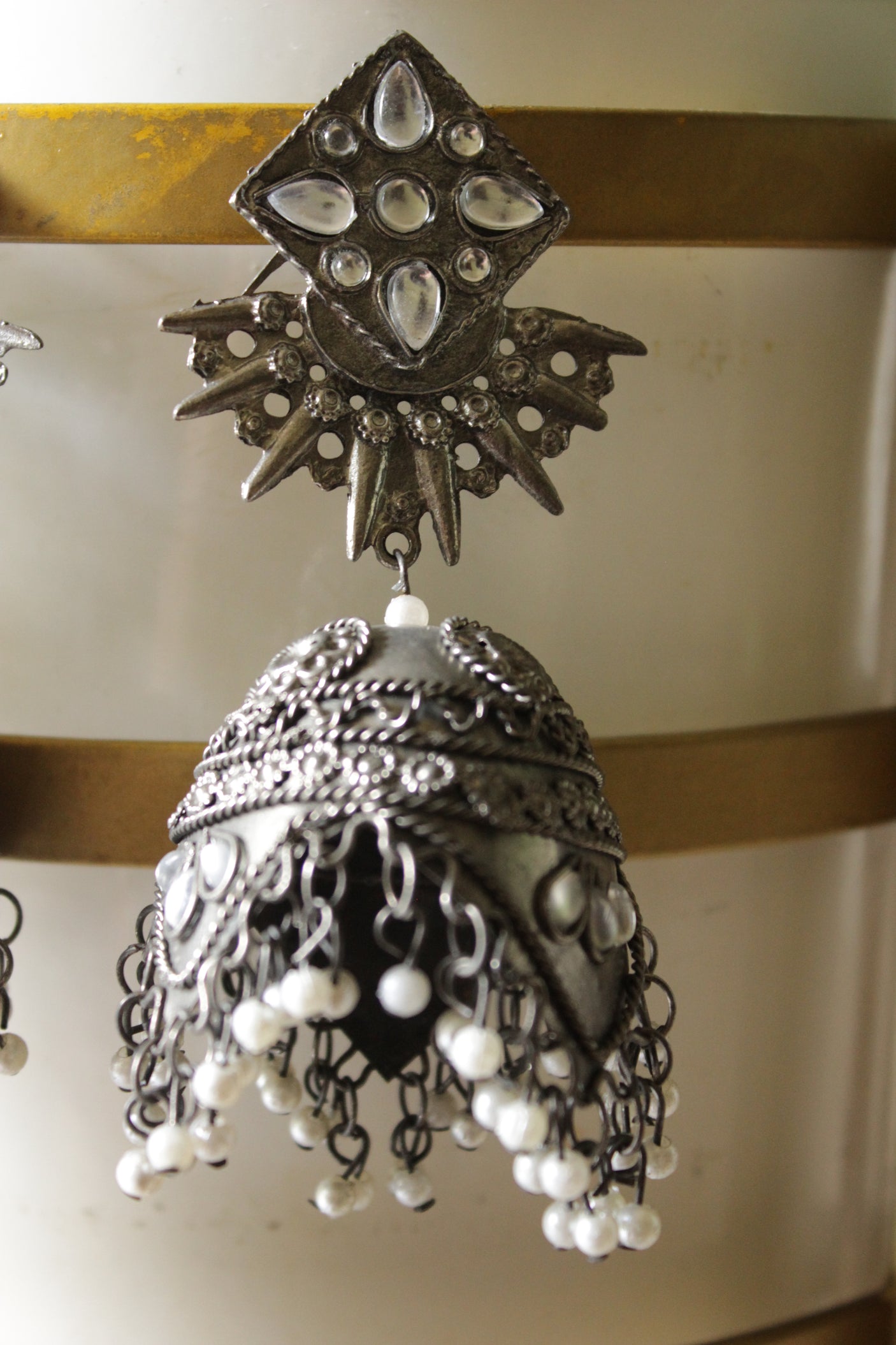 White Stones Embedded Premium Oxidised Finish Jhumka Earrings