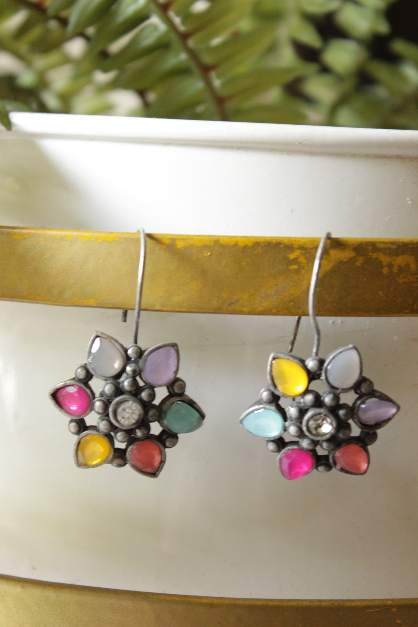 Multi-Color Stones Embedded Oxidised Finish Earrings