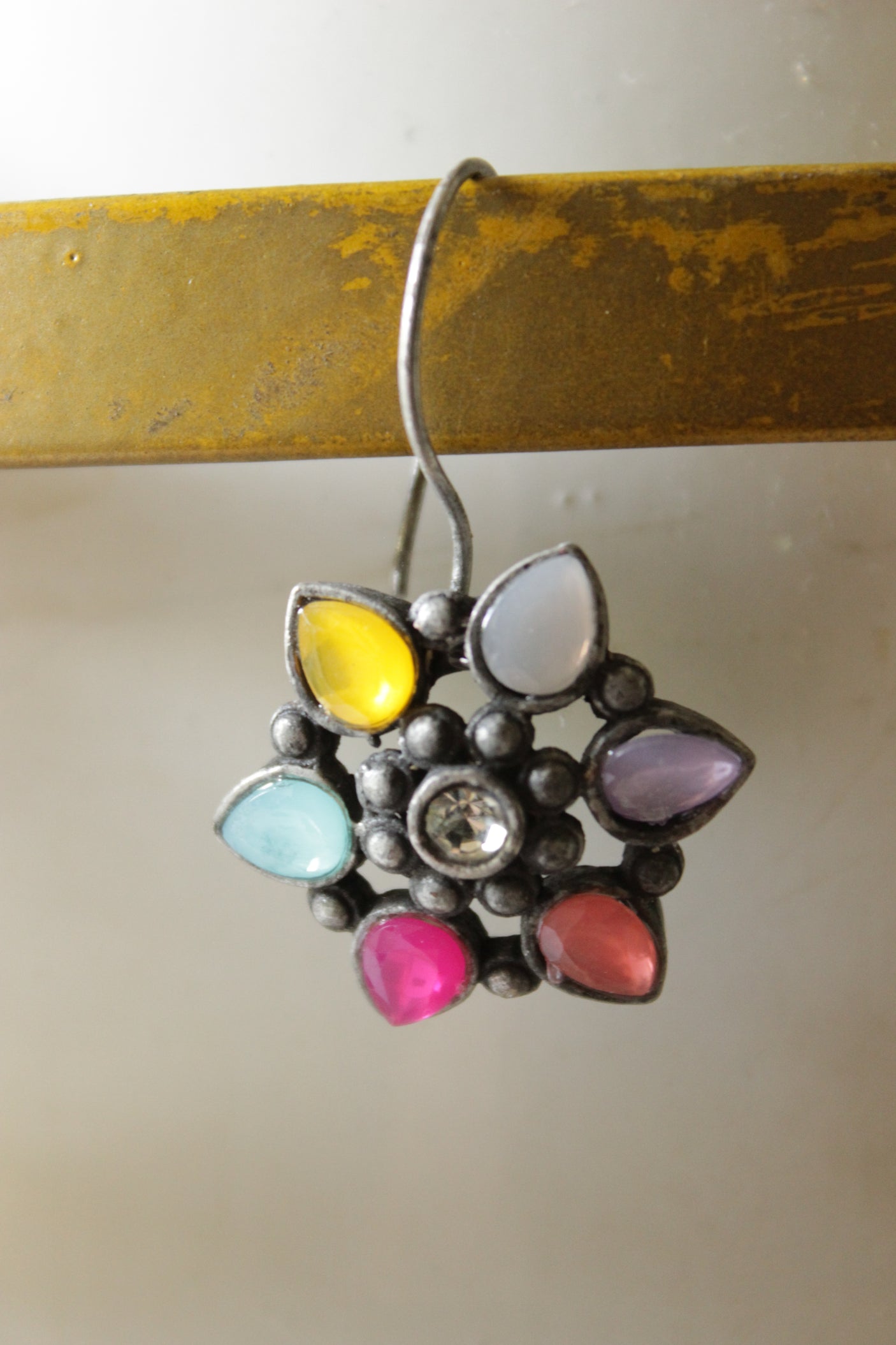Multi-Color Stones Embedded Oxidised Finish Earrings