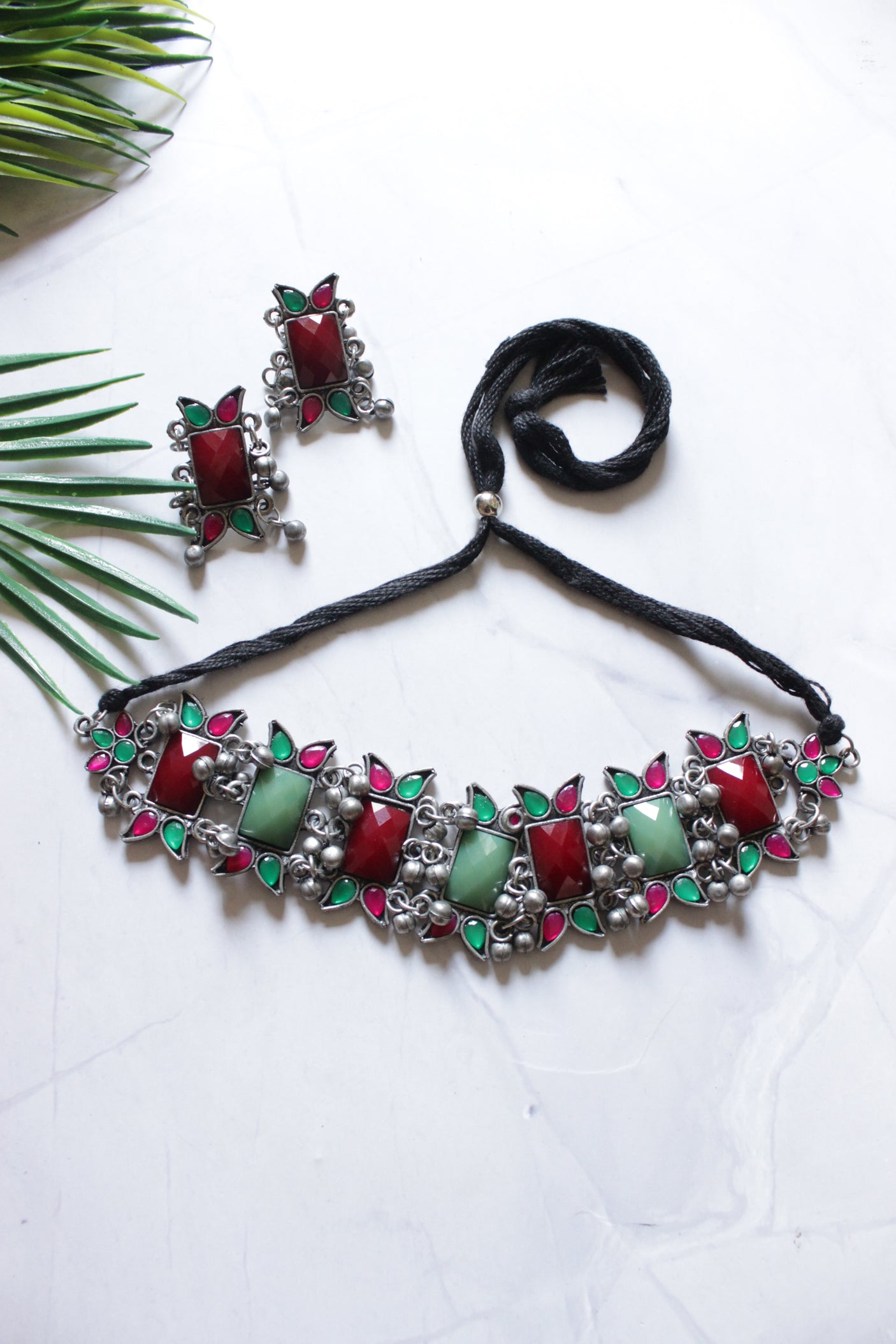 Maroon and Green Stones Embedded Oxidised Finish Adjustable Length Choker Necklace Set