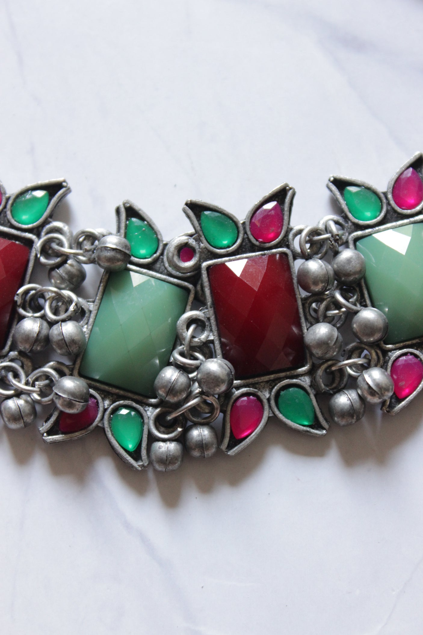 Maroon and Green Stones Embedded Oxidised Finish Adjustable Length Choker Necklace Set