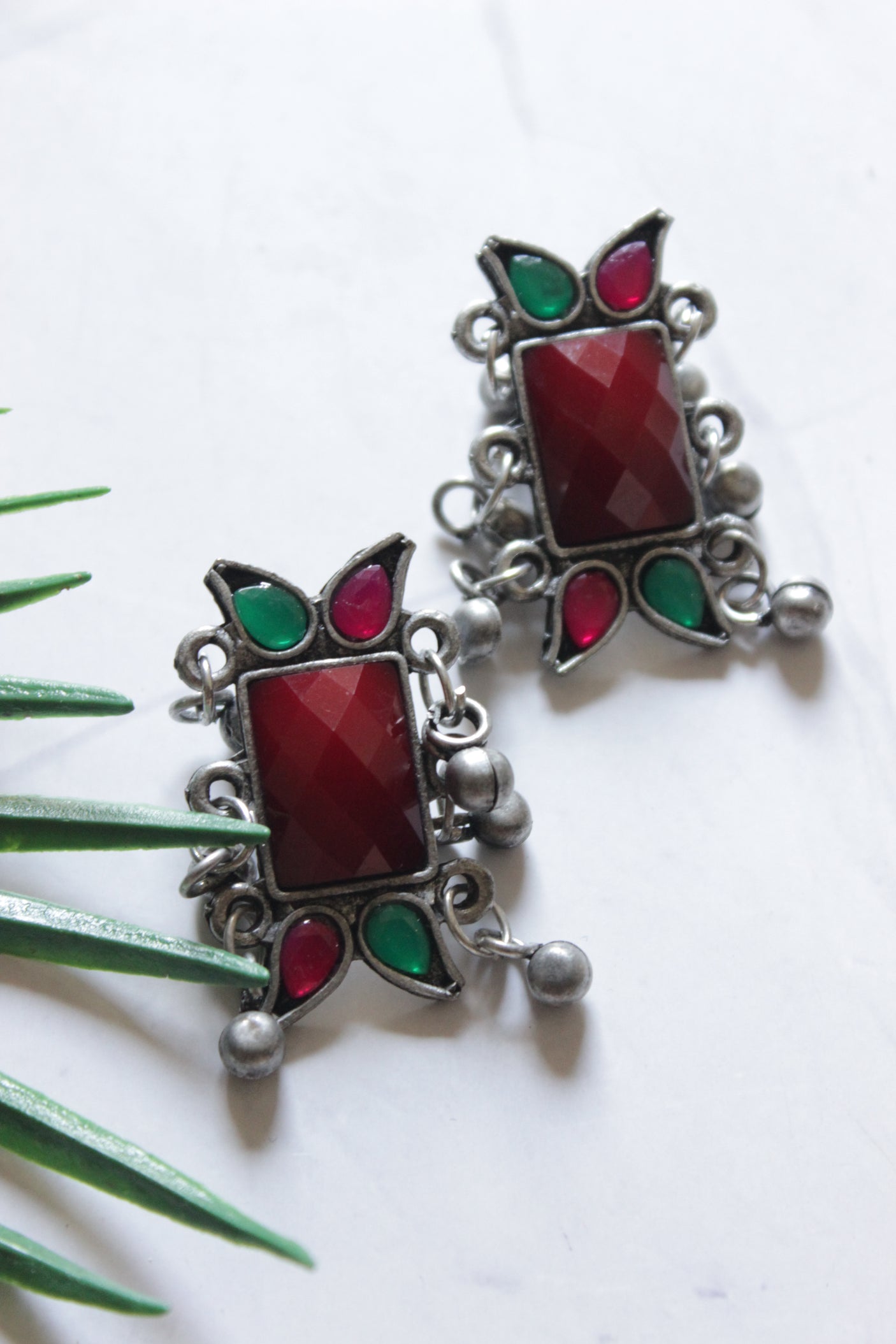 Maroon and Green Stones Embedded Oxidised Finish Adjustable Length Choker Necklace Set