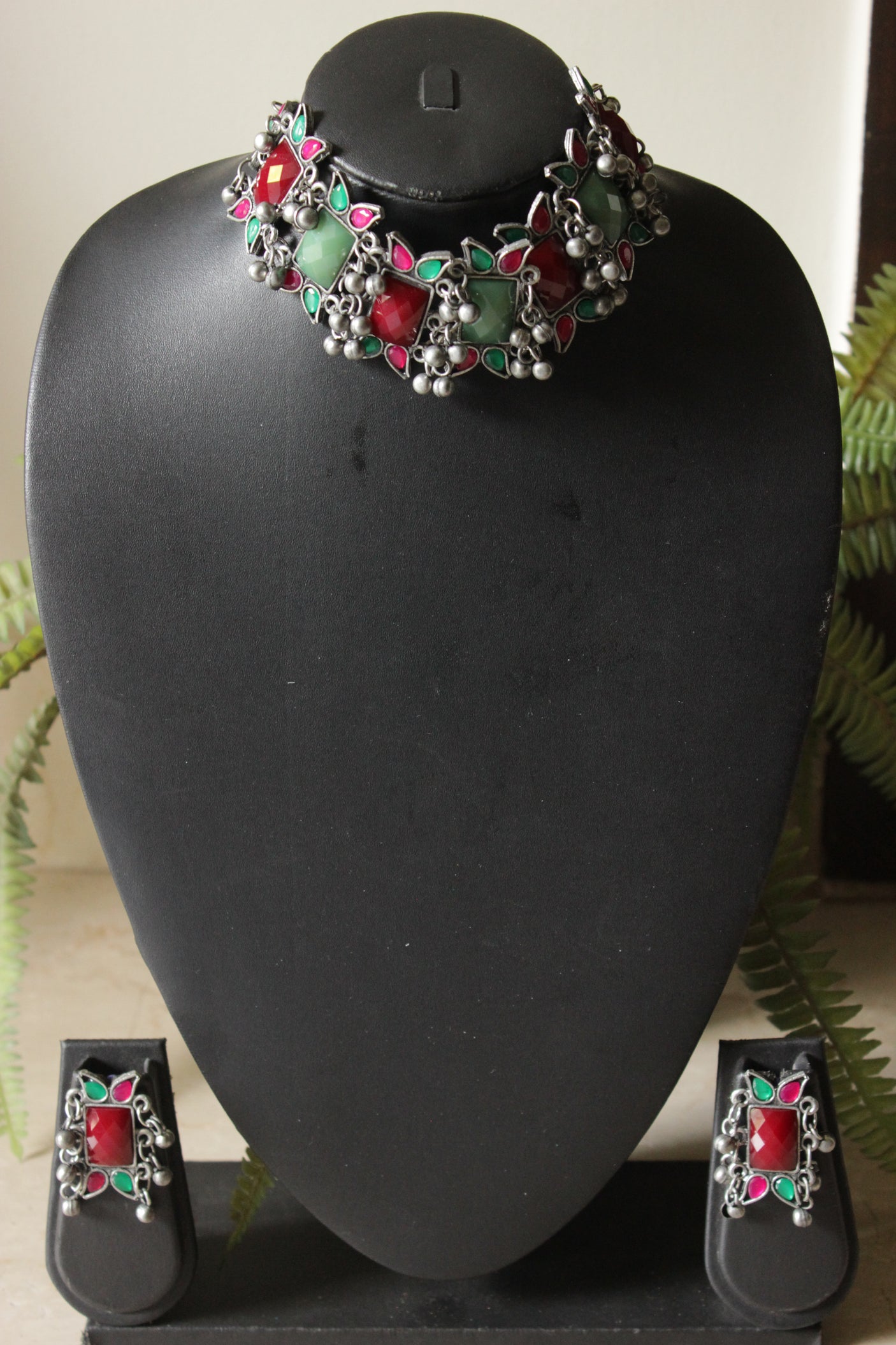 Maroon and Green Stones Embedded Oxidised Finish Adjustable Length Choker Necklace Set