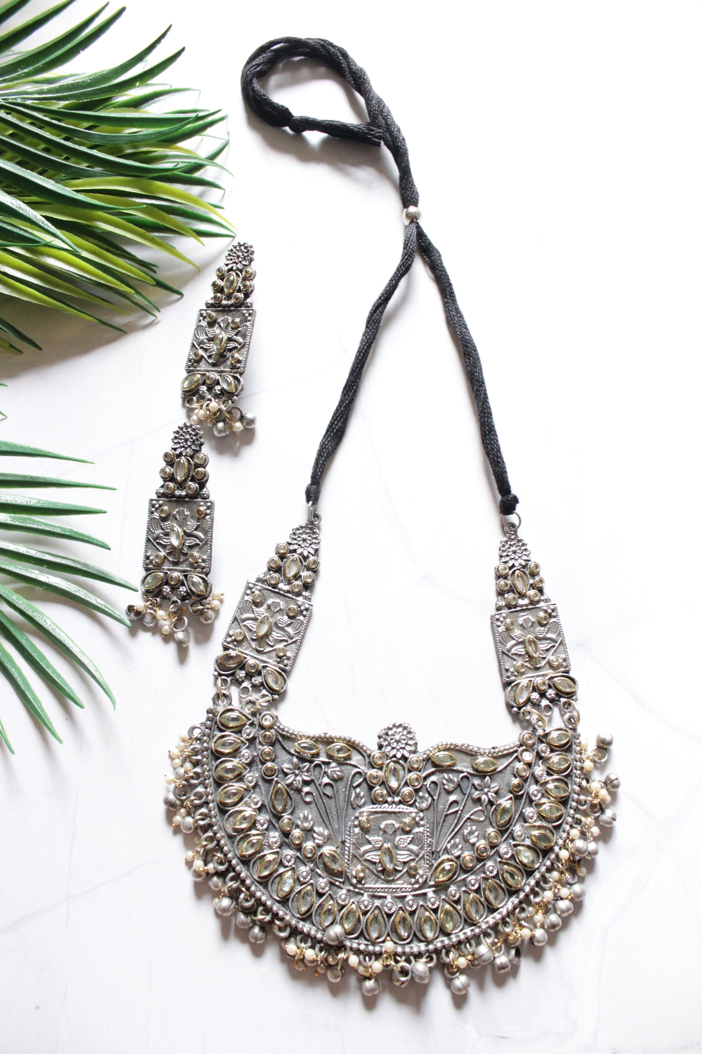 Dual Tone Oxidised Finish Adjustable Length Elaborate Necklace Set