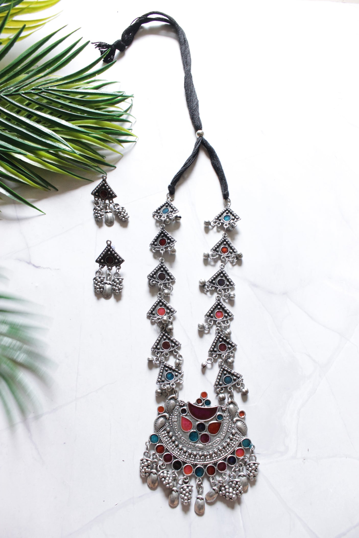 Multi-Color Glass Stones Oxidised Finish Long Afghani Necklace Set with Adjustable Length