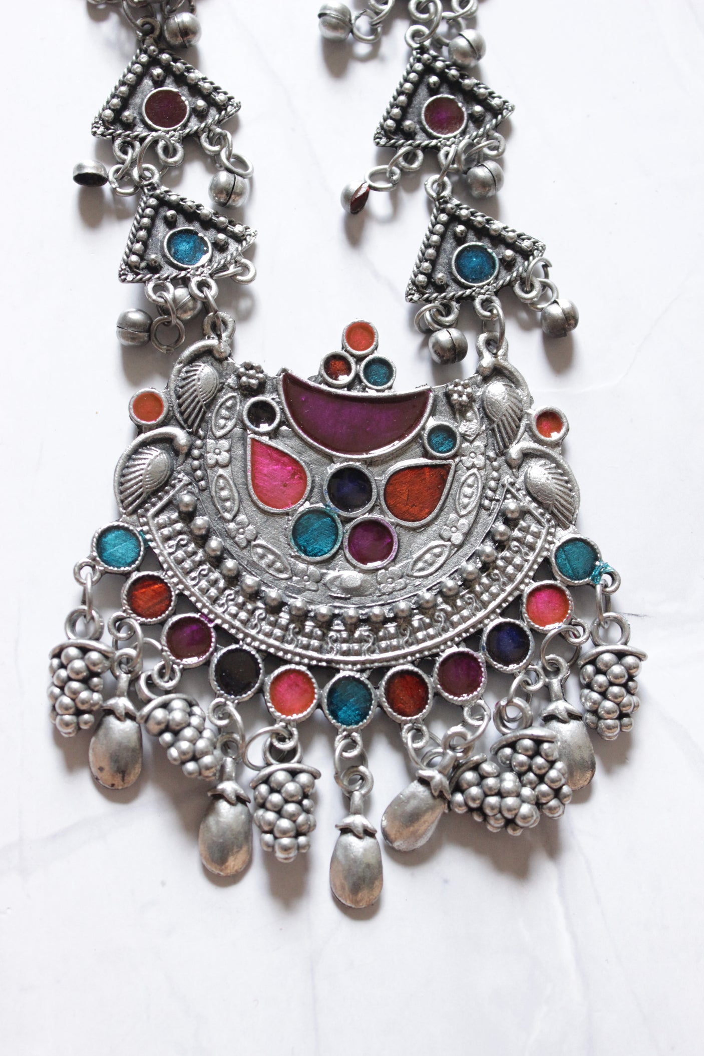Multi-Color Glass Stones Oxidised Finish Long Afghani Necklace Set with Adjustable Length