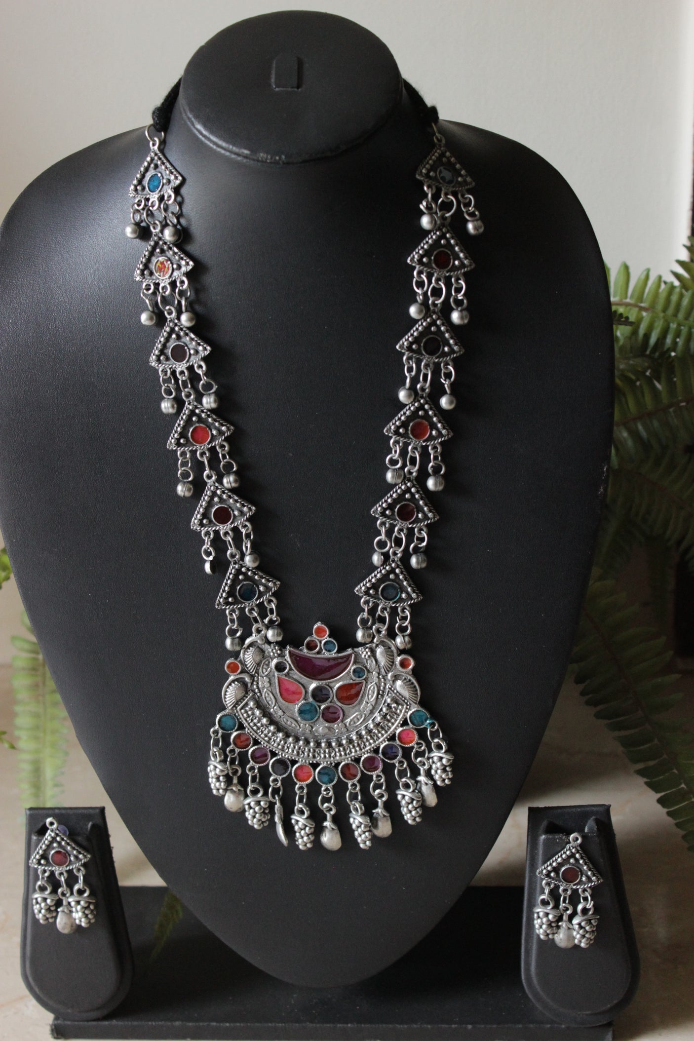 Multi-Color Glass Stones Oxidised Finish Long Afghani Necklace Set with Adjustable Length