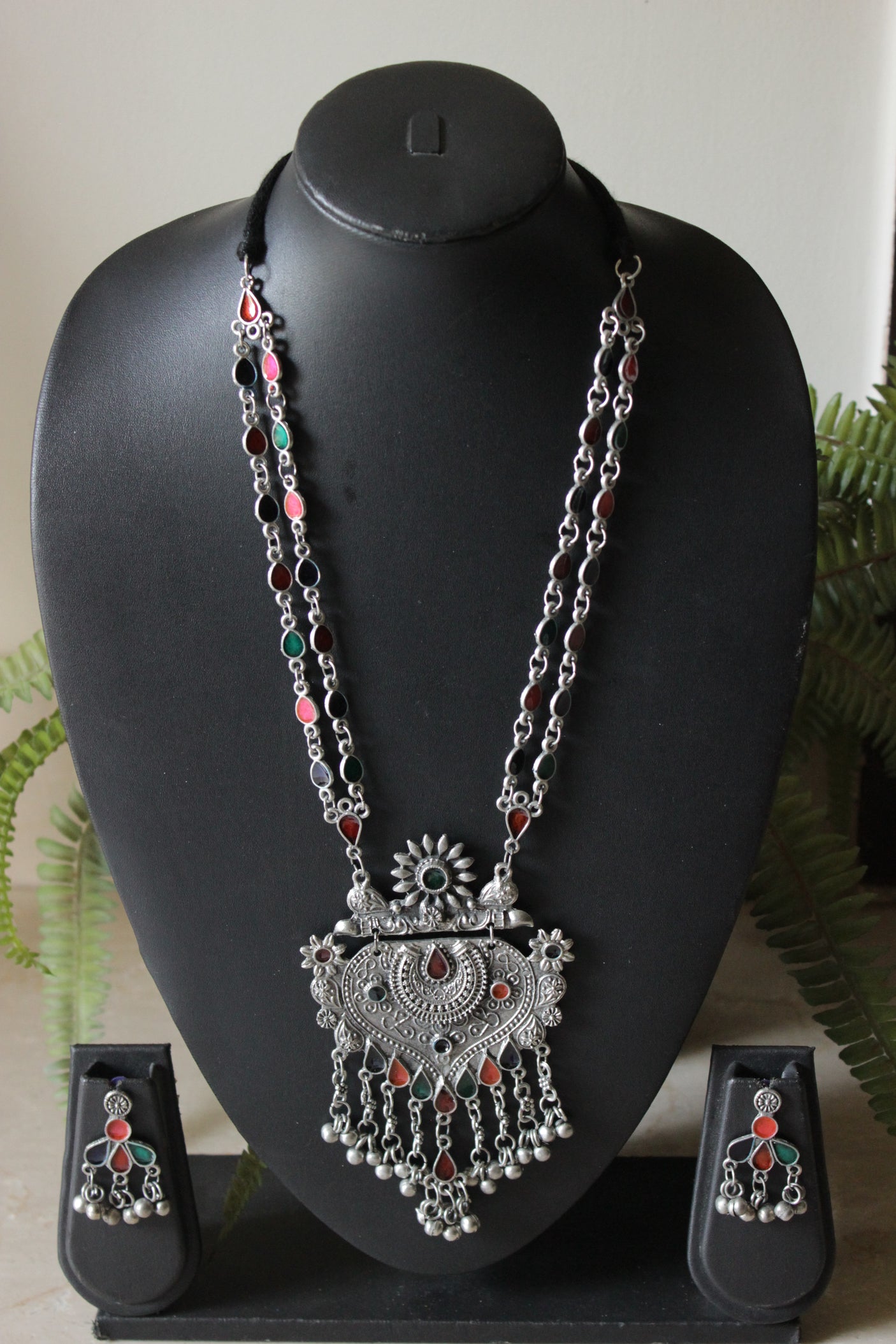 Multi-Color Glass Stones Oxidised Finish Double Chain Necklace Set