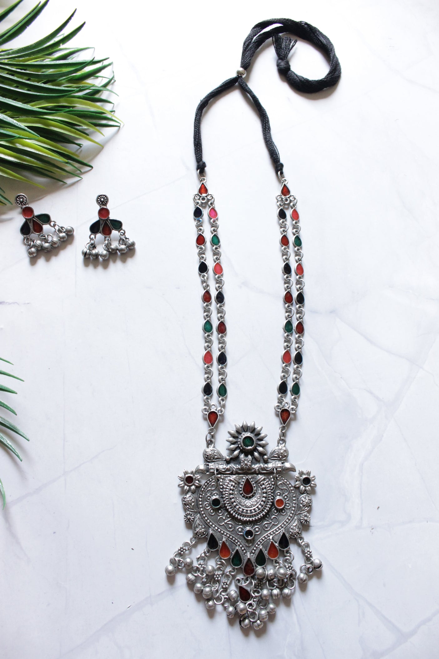 Multi-Color Glass Stones Oxidised Finish Double Chain Necklace Set