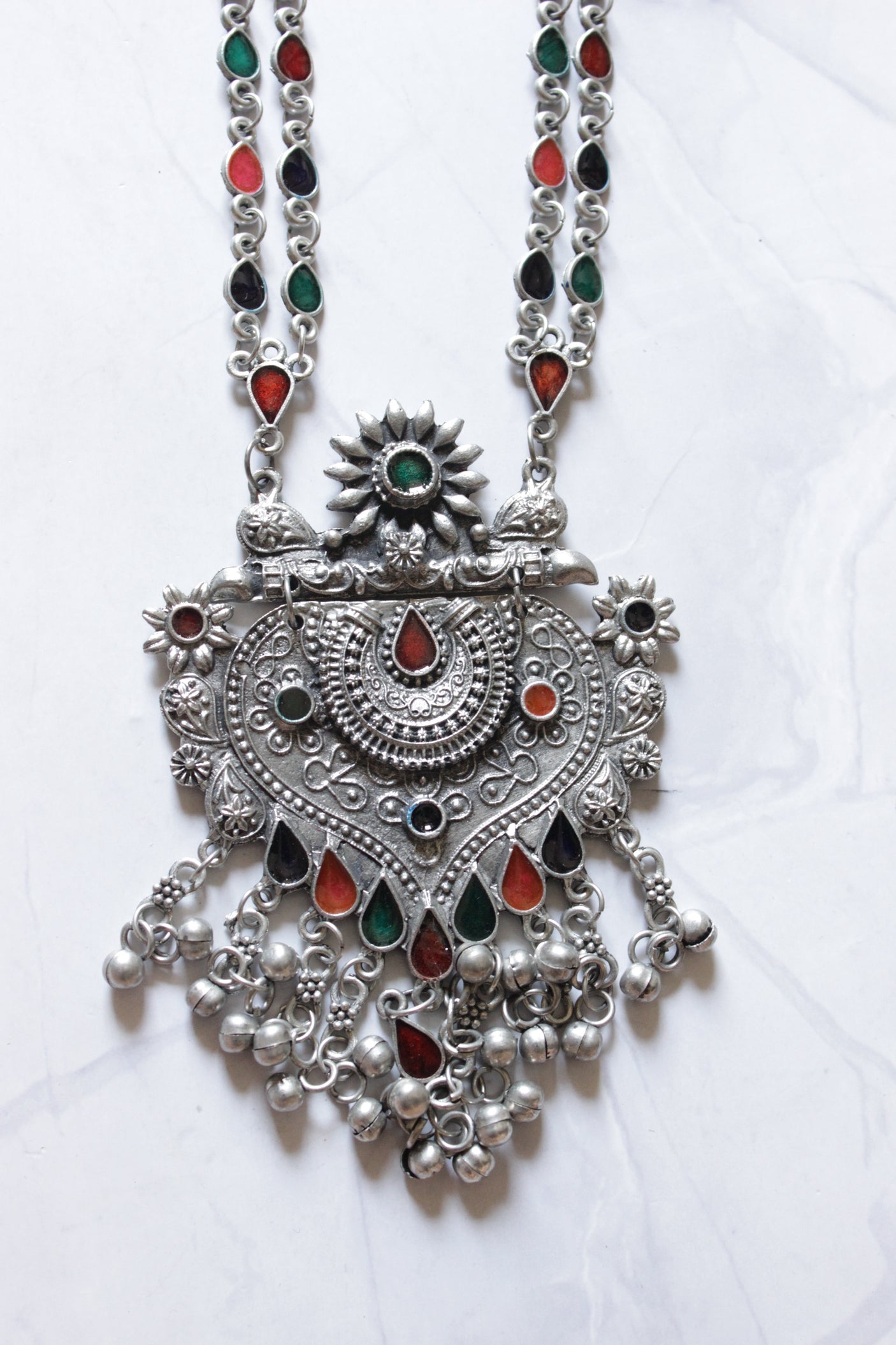 Multi-Color Glass Stones Oxidised Finish Double Chain Necklace Set