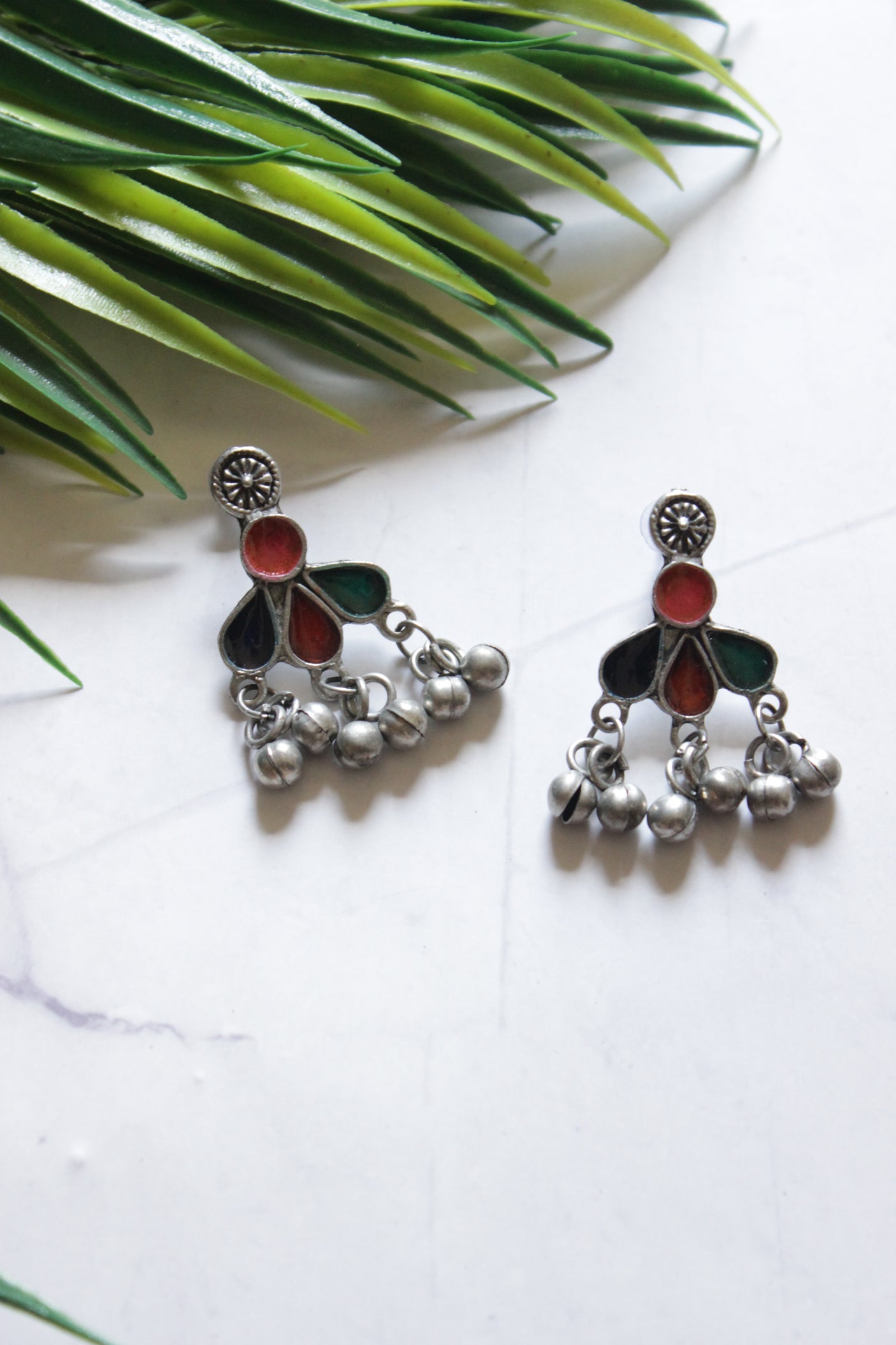 Multi-Color Glass Stones Oxidised Finish Double Chain Necklace Set