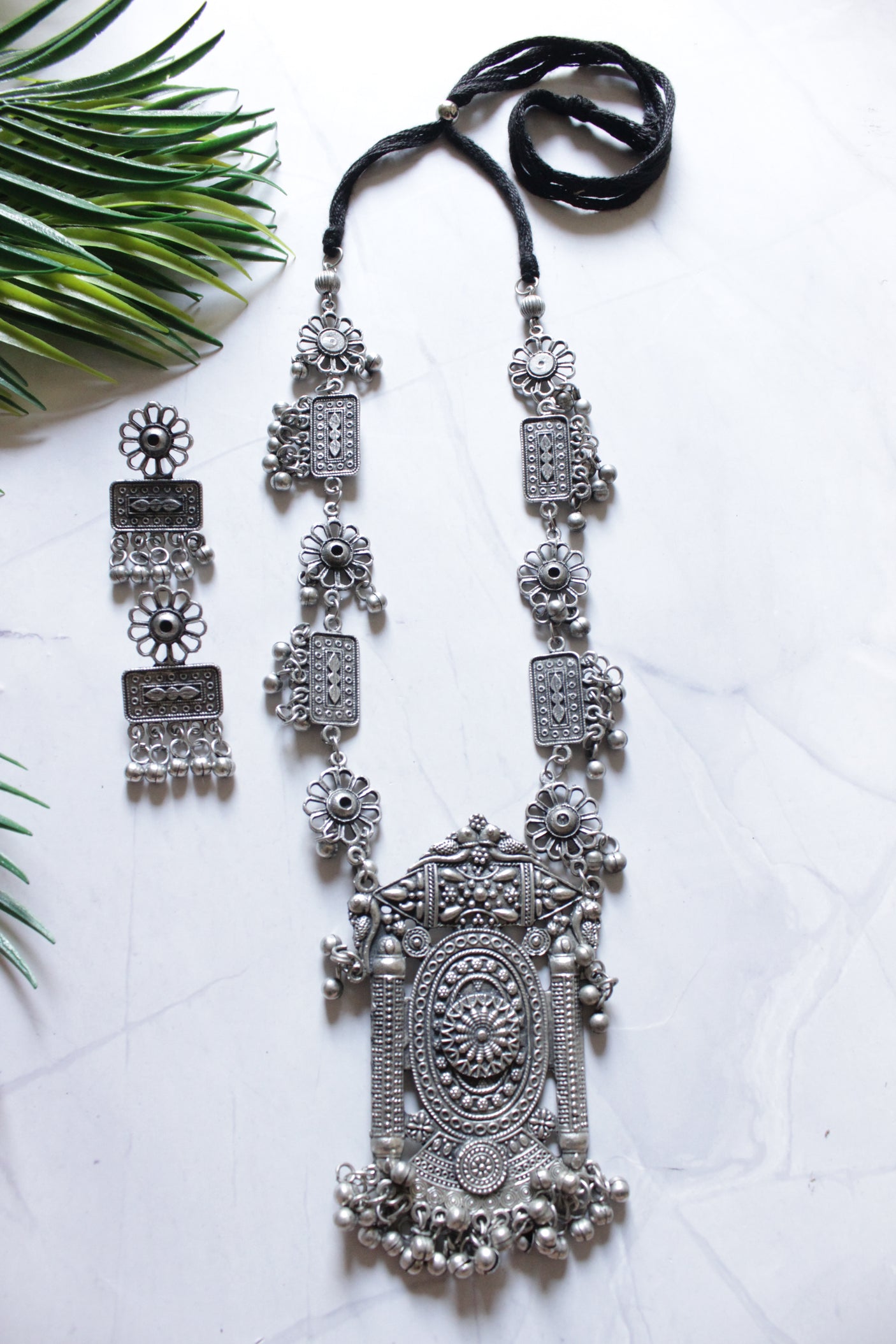 Premium Oxidised Finish Elaborately Detailed Long Necklace Set