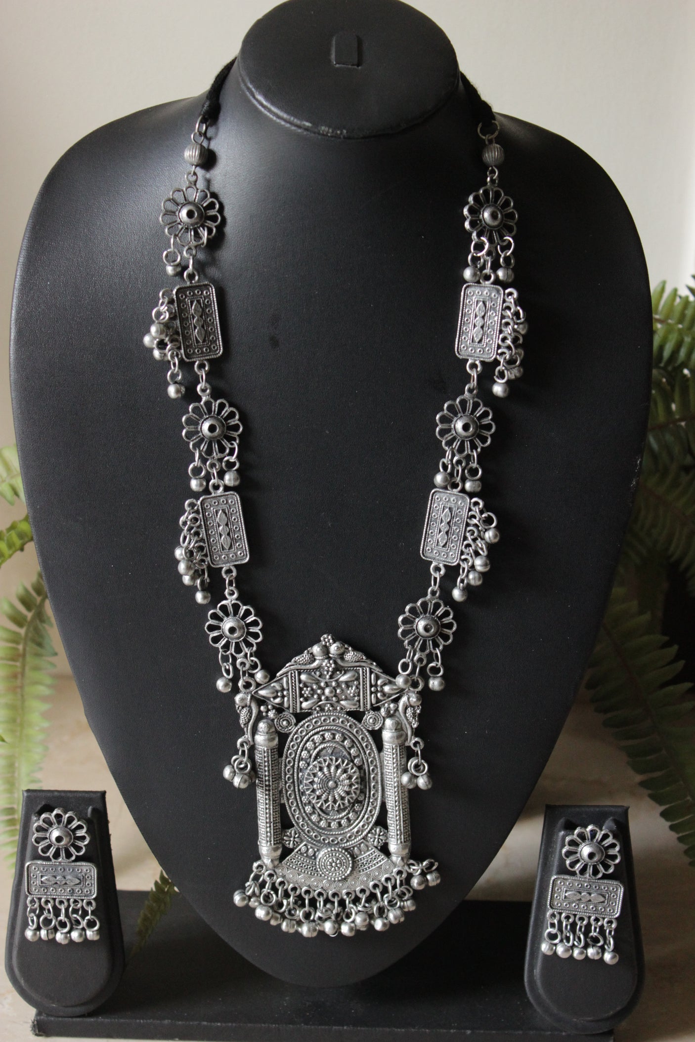 Premium Oxidised Finish Elaborately Detailed Long Necklace Set