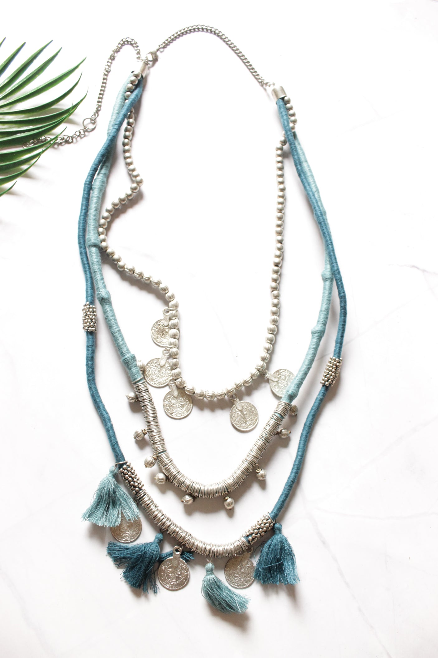 Blue Threads and Metal Charms 3 Layer Handmade Necklace