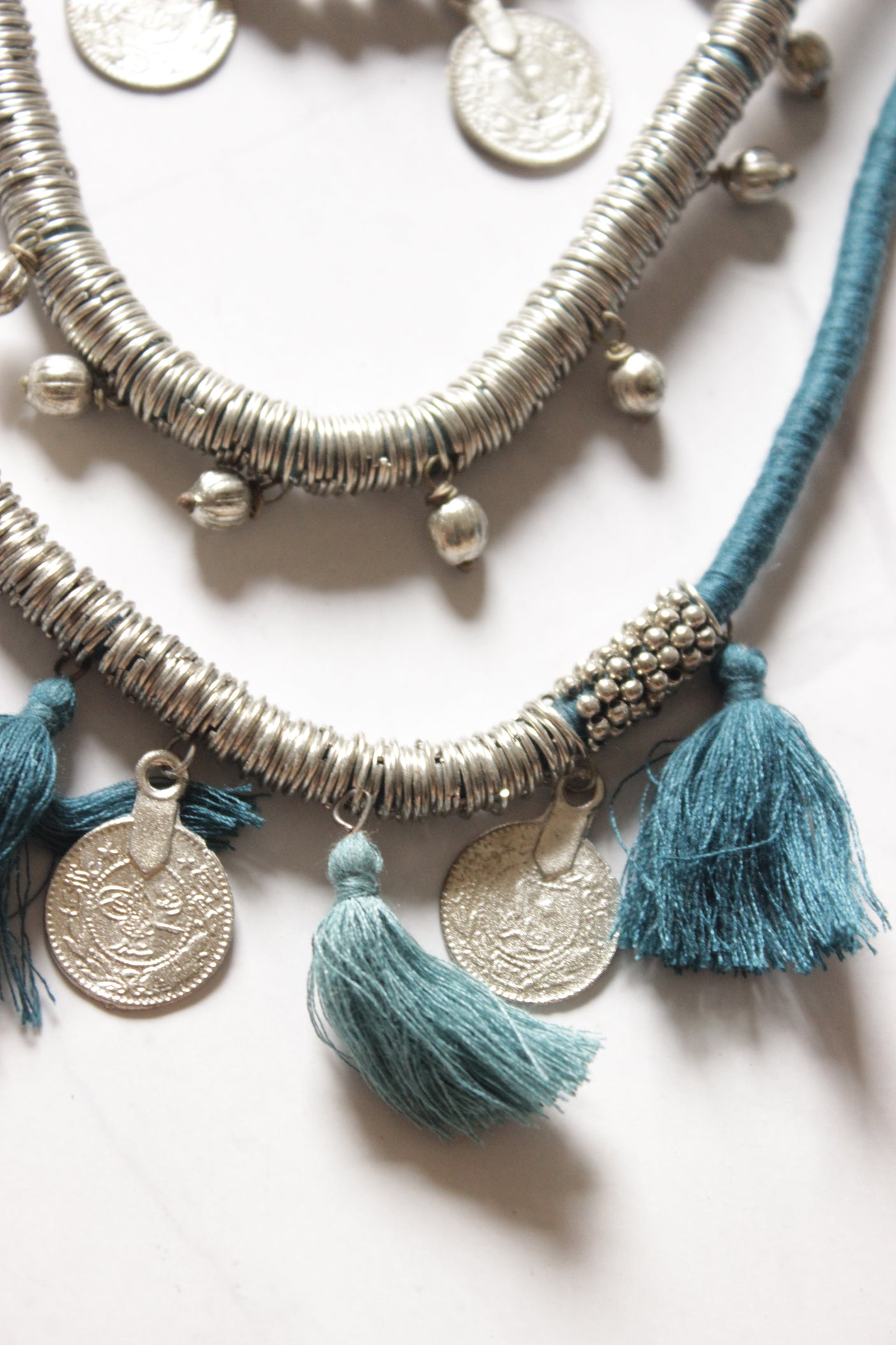 Blue Threads and Metal Charms 3 Layer Handmade Necklace
