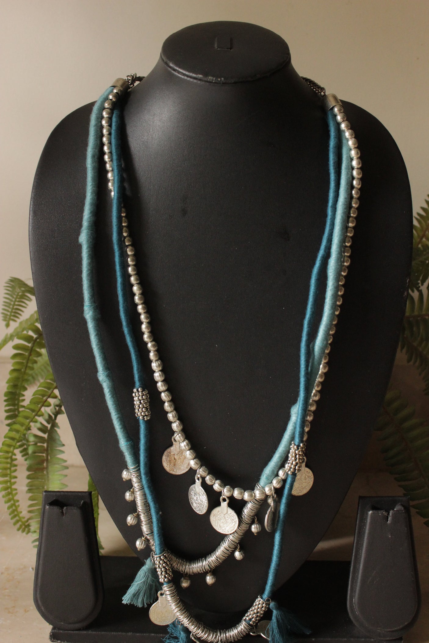 Blue Threads and Metal Charms 3 Layer Handmade Necklace