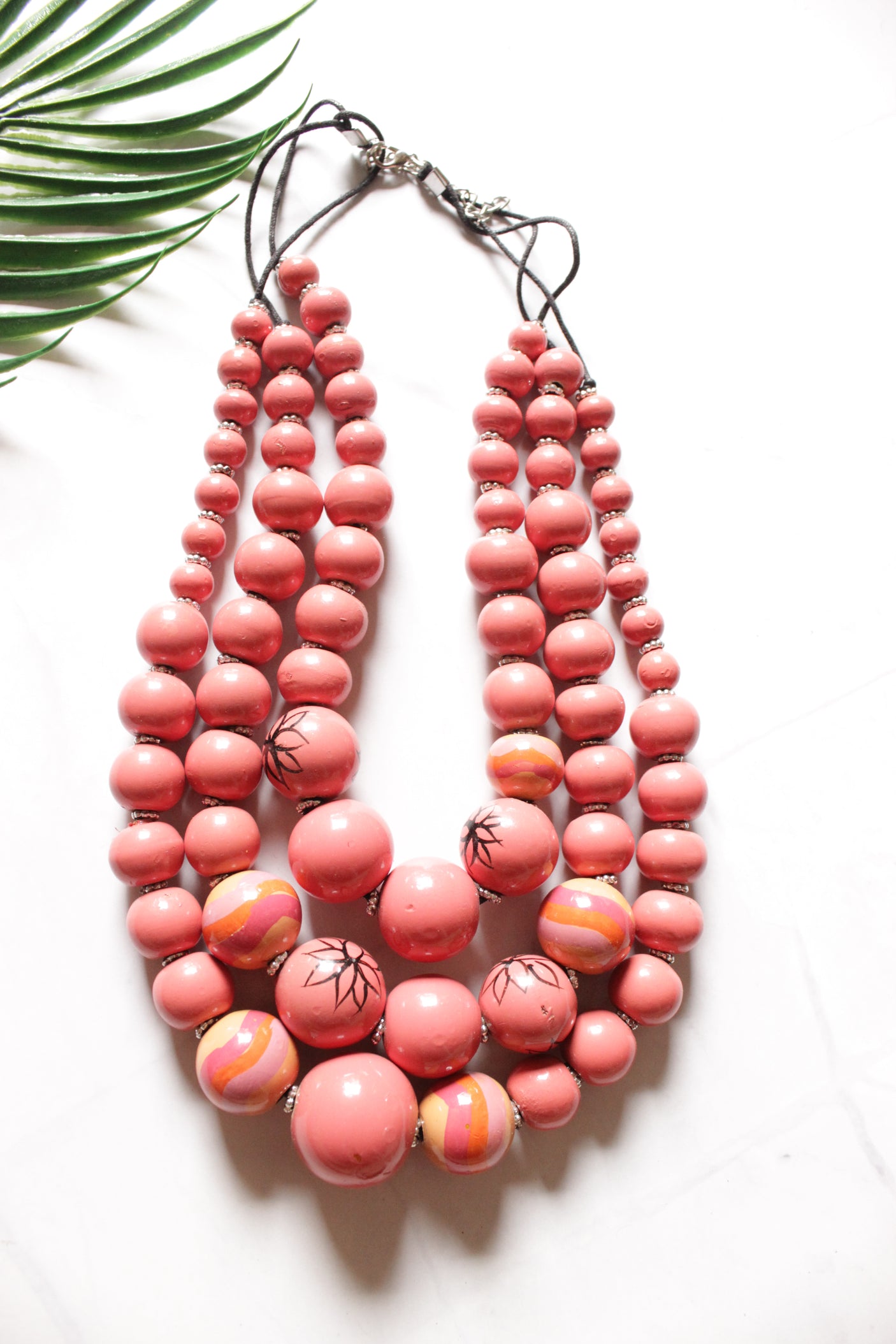 Peach Wooden Beads 3 Layer Chain Closure Necklace