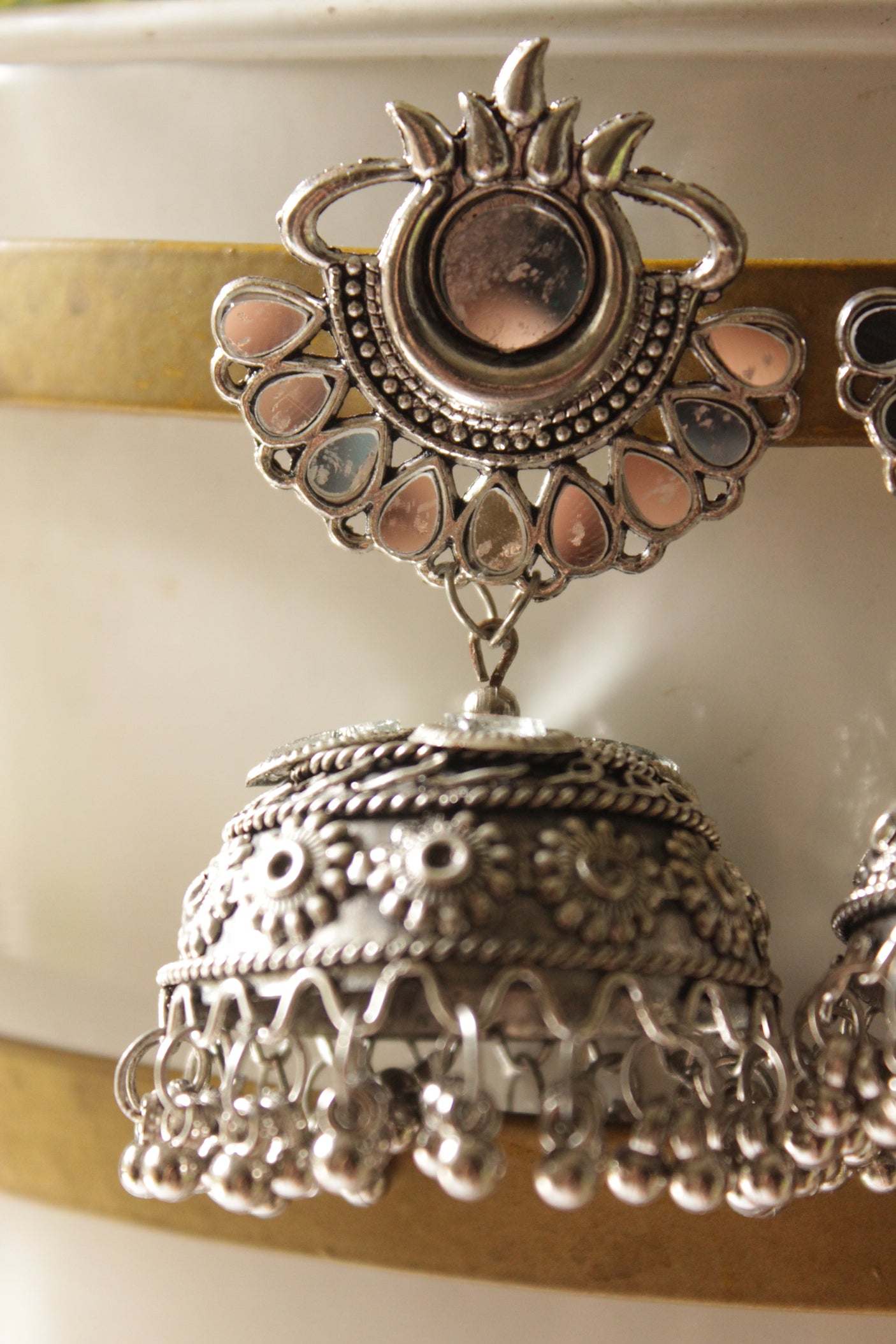 Mirrors Embedded Oxidised Finish Jhumka Earrings