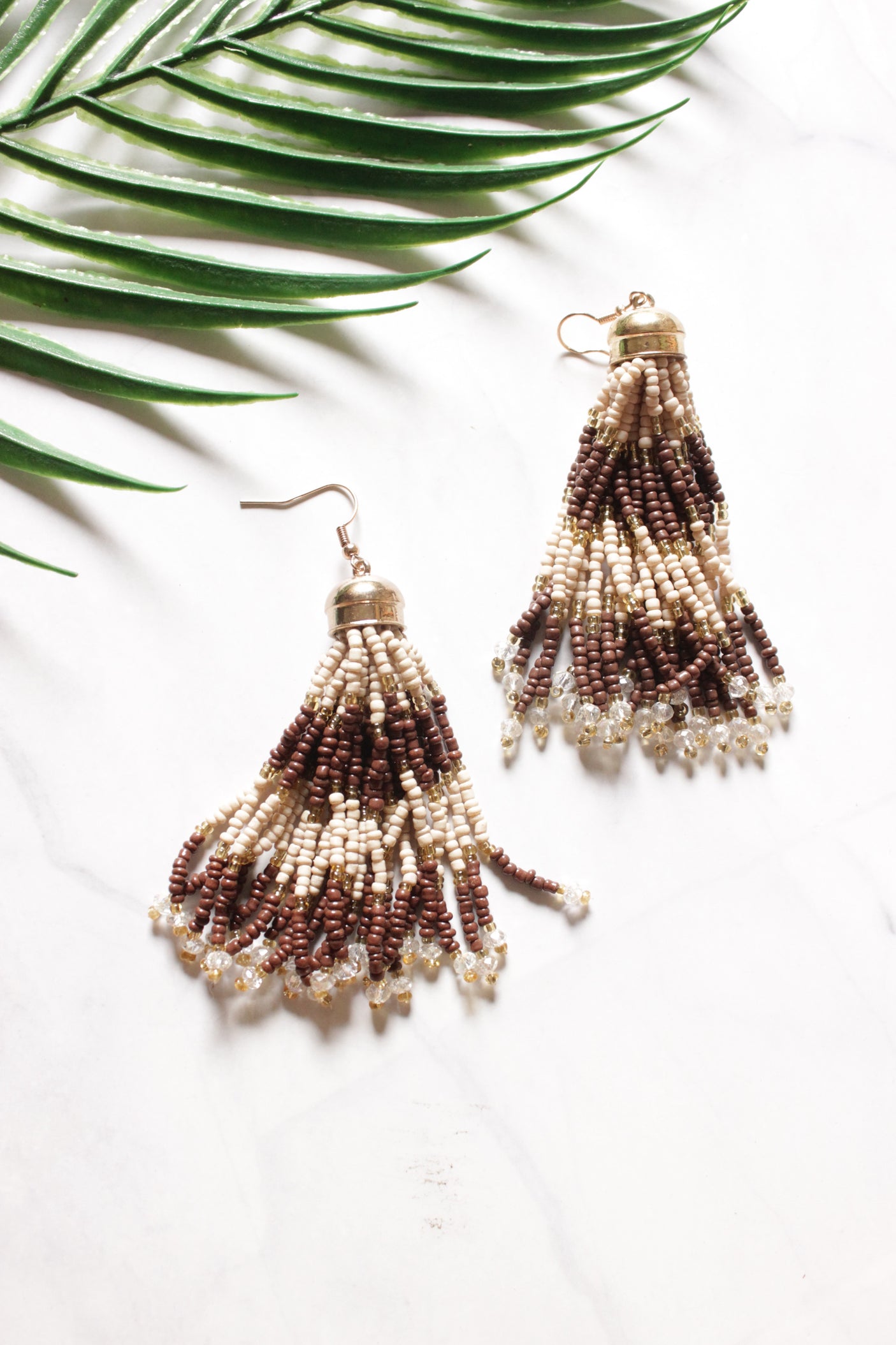 Brown & Beige Beads Handmade Dangler Earrings