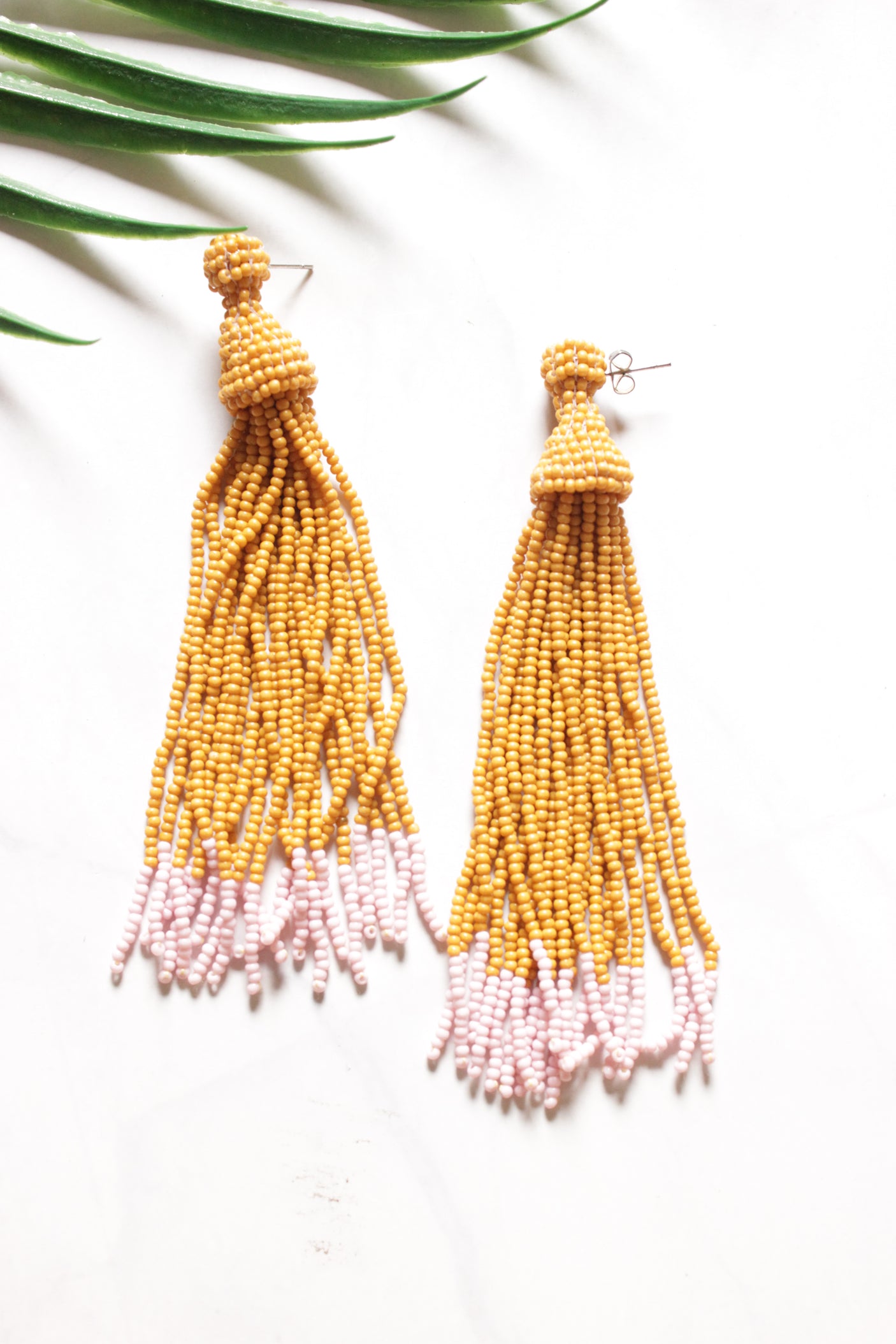 Mustard Yellow & Peach Beads Handmade Dangler Earrings