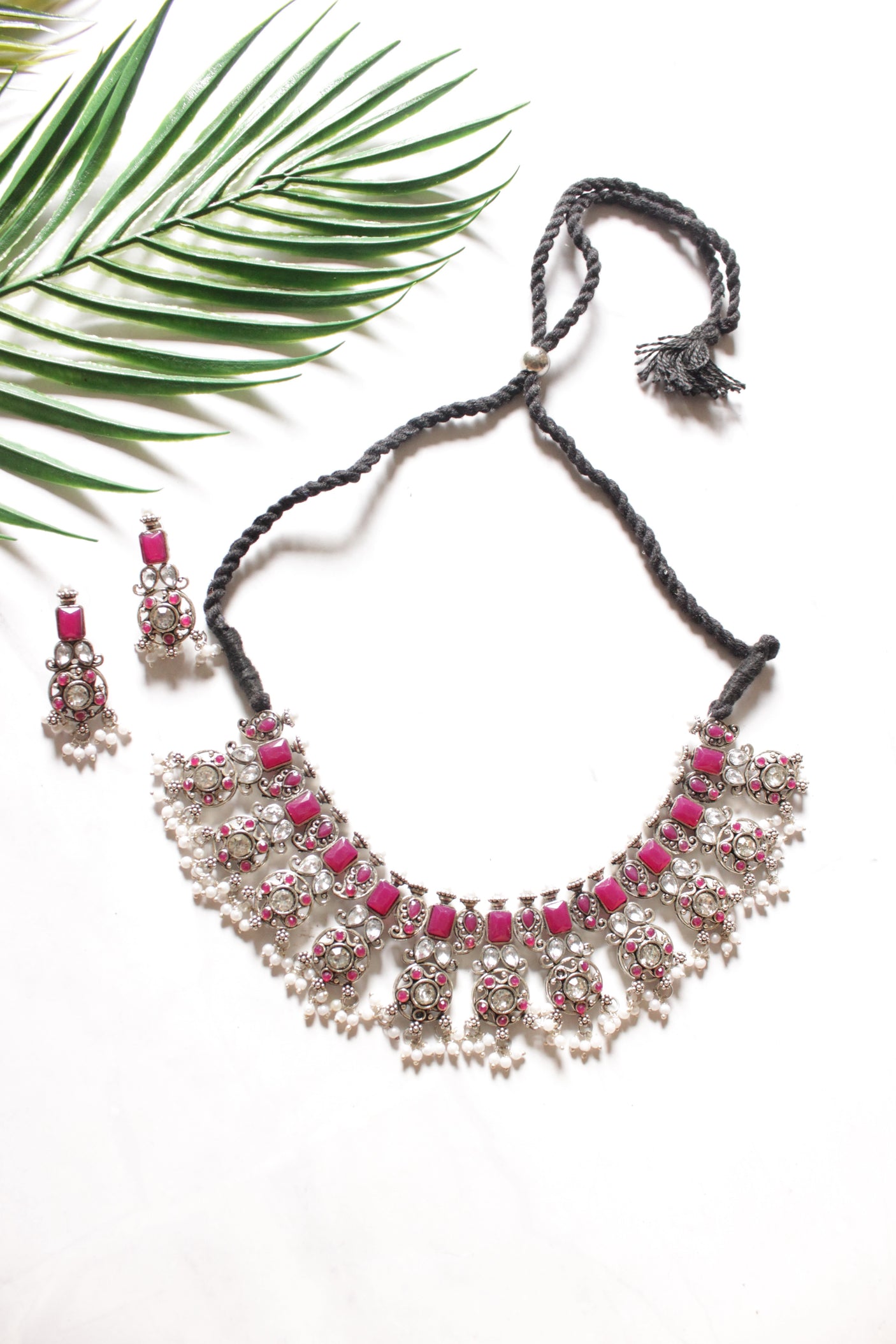 Ruby Pink Glass Stones Embedded Oxidised Finish Adjustable Length Choker Necklace Set