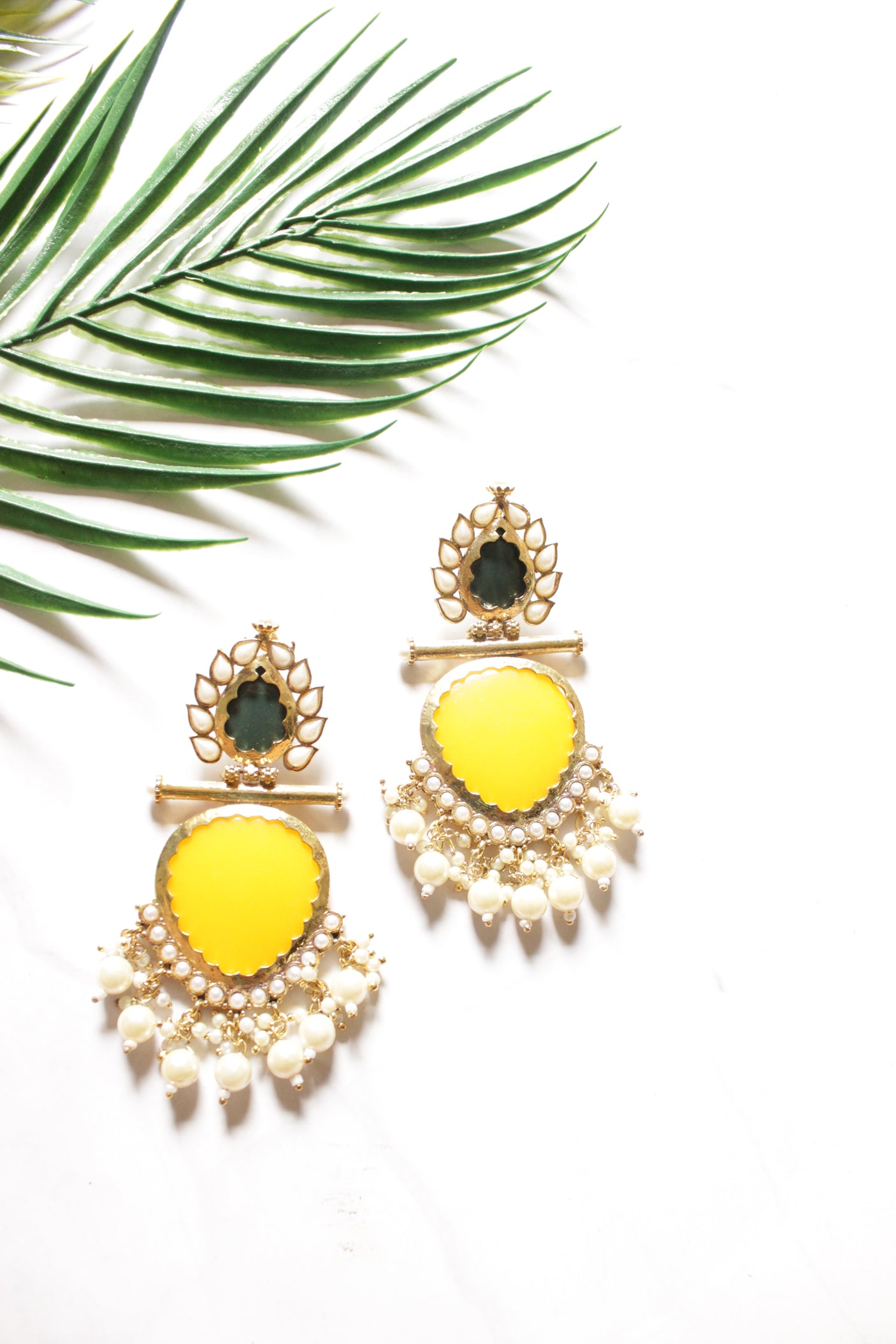 Yellow Center Stone Silver Finish Statement Ethnic Earrings