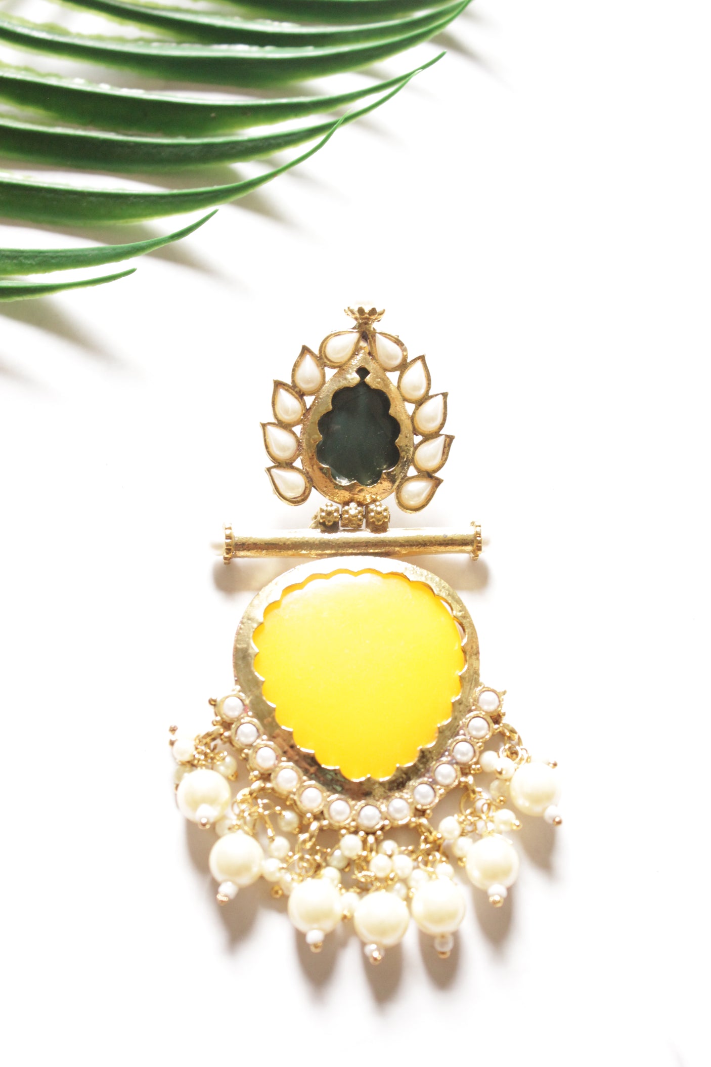 Yellow Center Stone Silver Finish Statement Ethnic Earrings