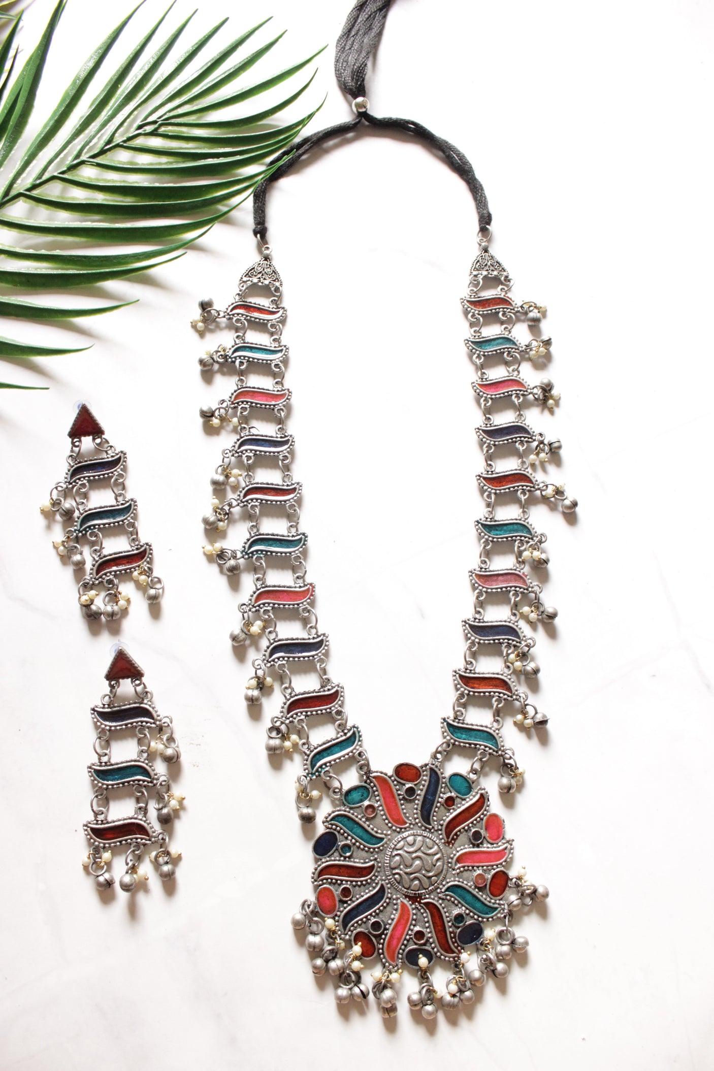 Multi-Color Enamel Painted Oxidised Finish Long Necklace Set