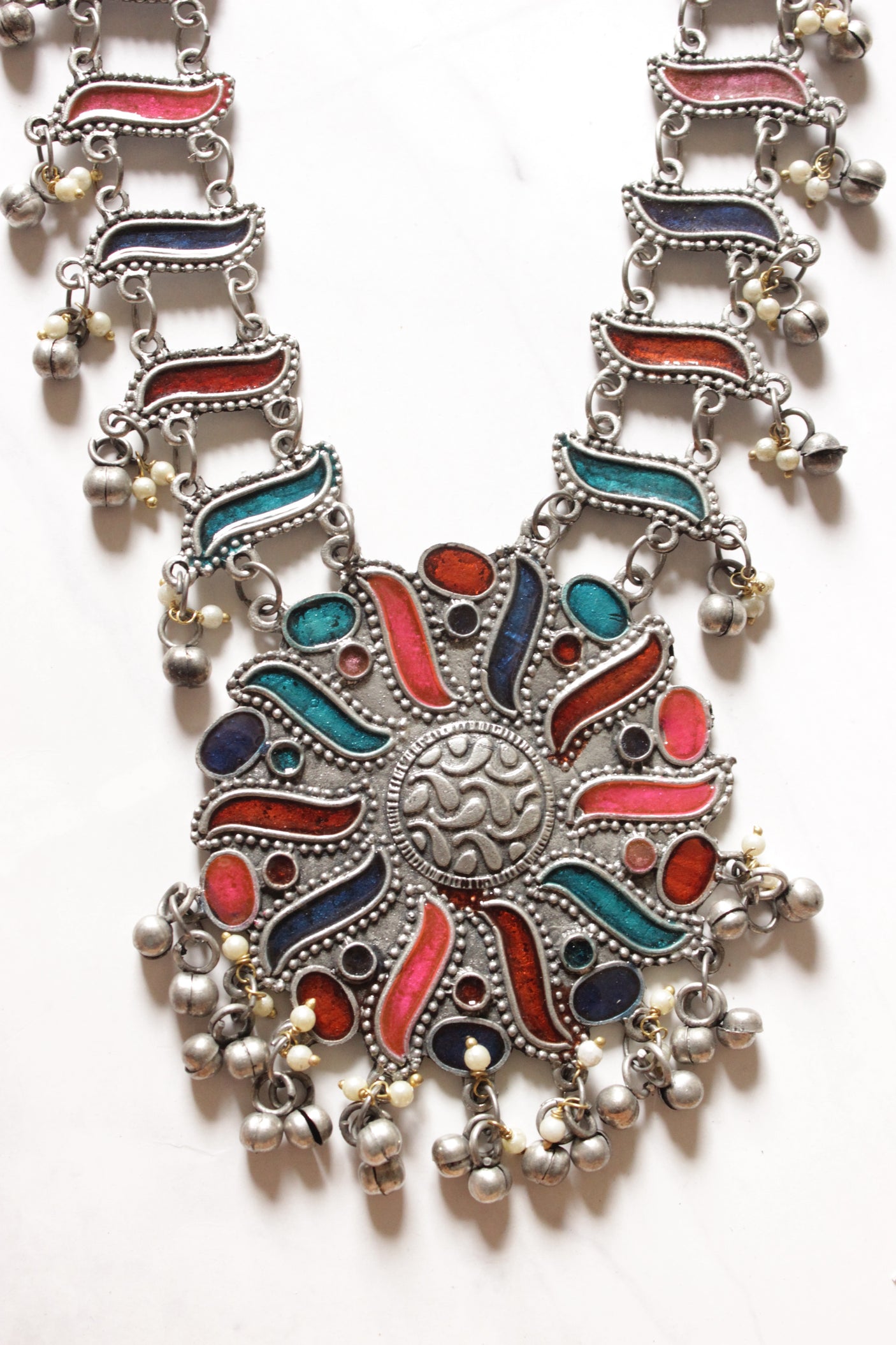 Multi-Color Enamel Painted Oxidised Finish Long Necklace Set
