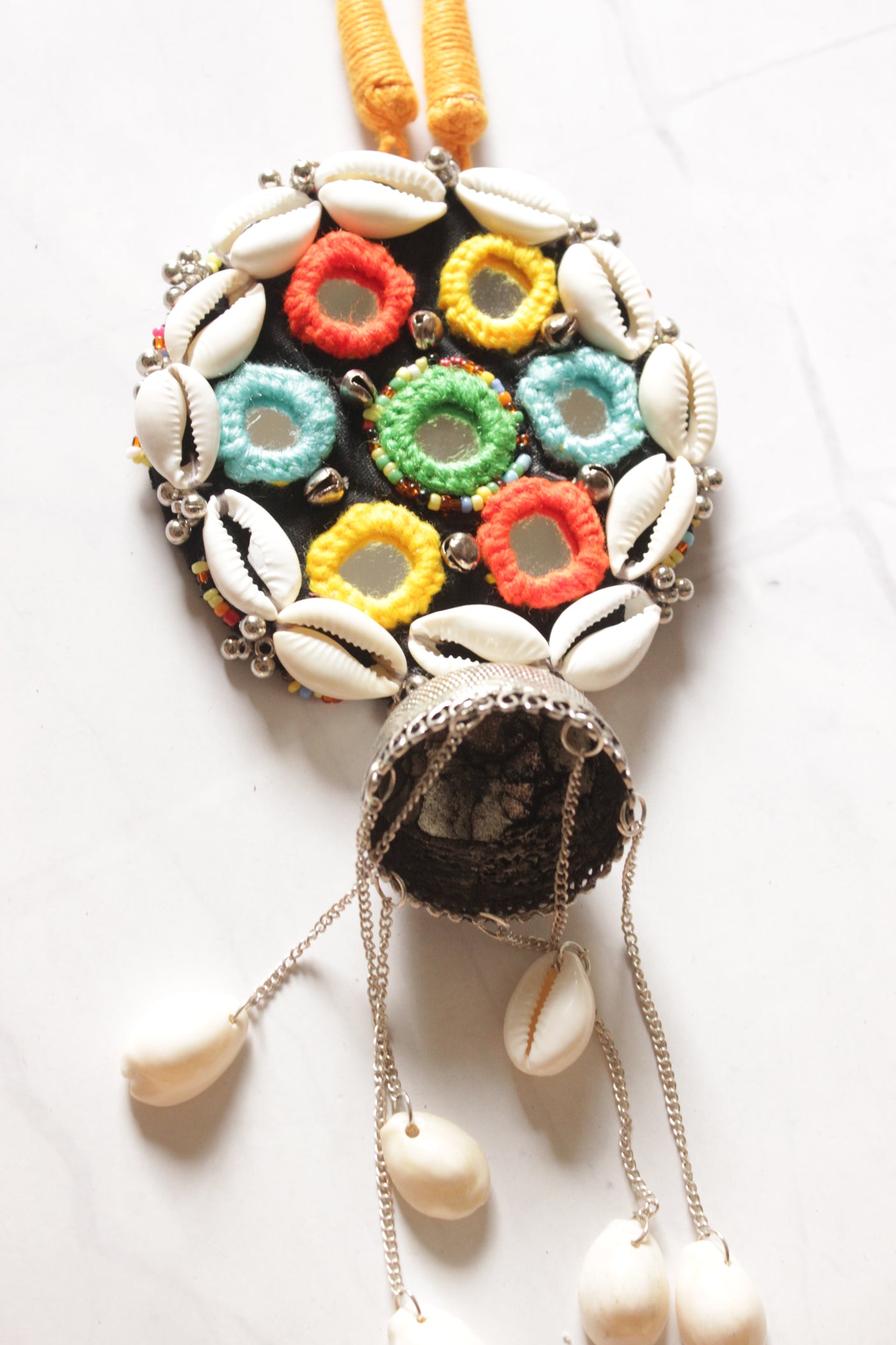 Mirror & Shell Work Hand Embroidered Adjustable Length Necklace