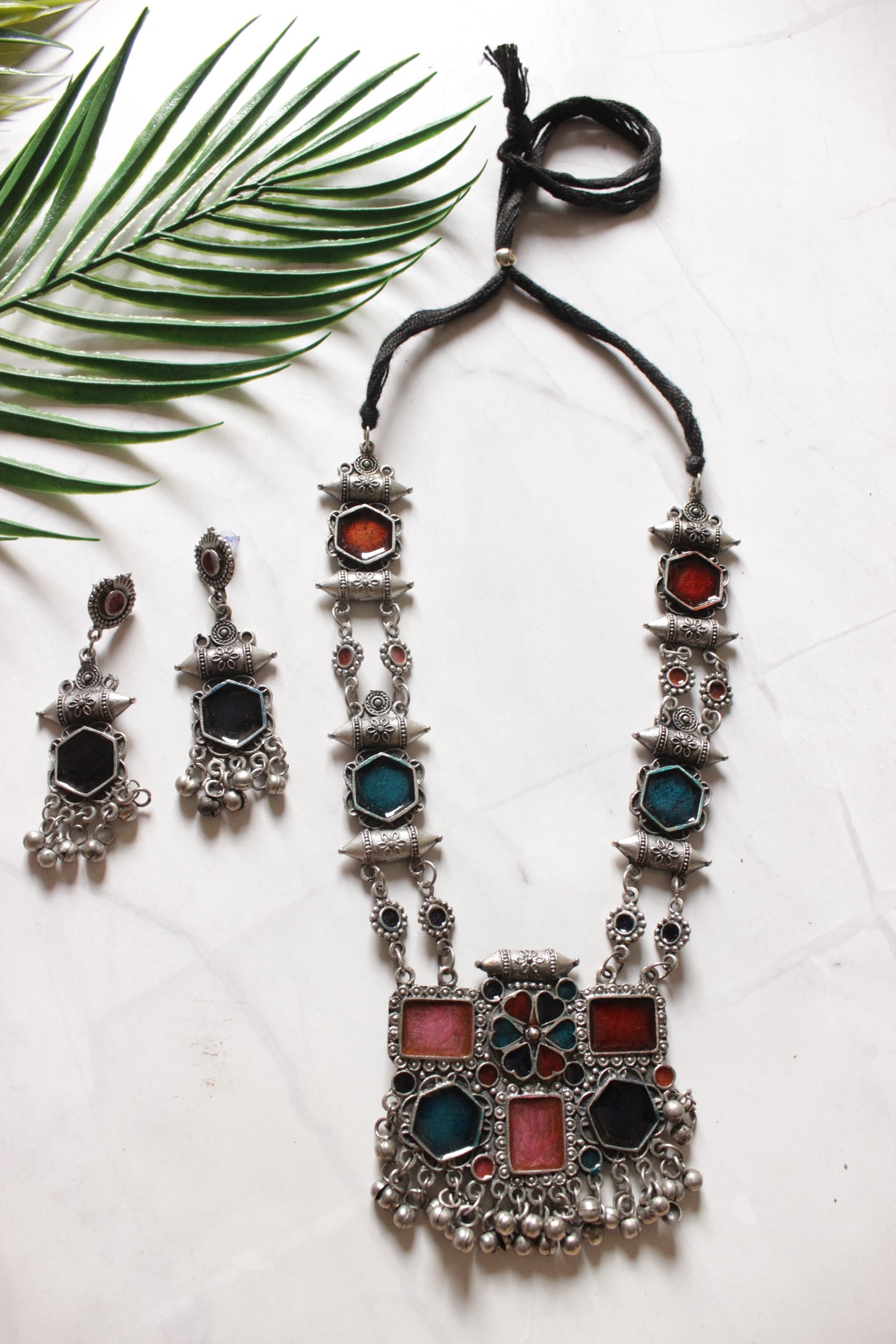 Multi-Color Enamel Painted Oxidised Finish Elaborate Long Necklace Set