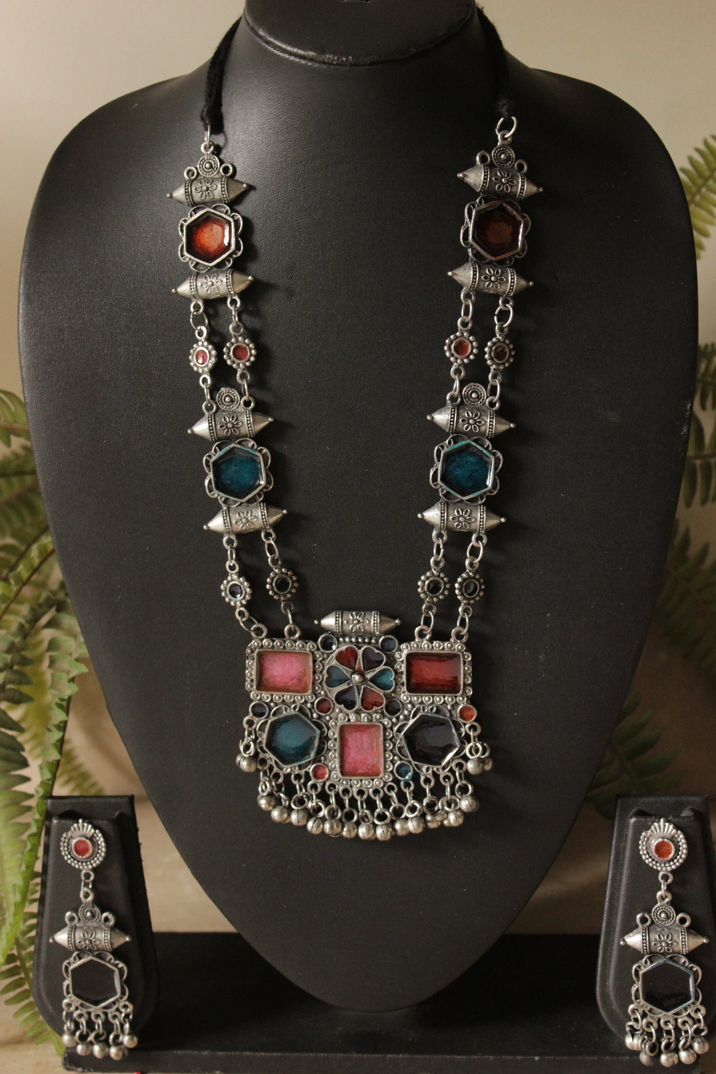 Multi-Color Enamel Painted Oxidised Finish Elaborate Long Necklace Set