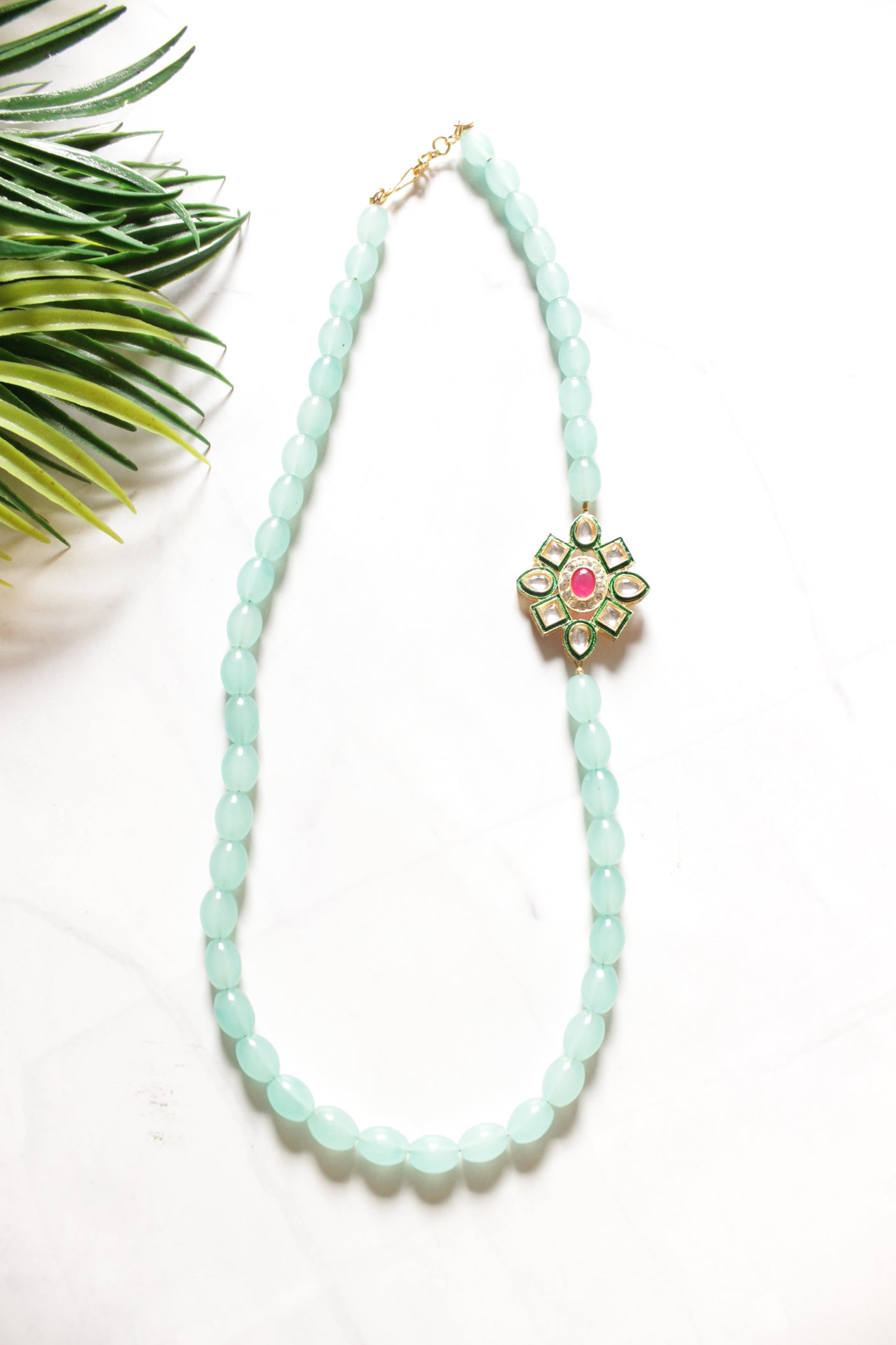 Turquoise Crystal Beads Kundan Embellished Long Necklace