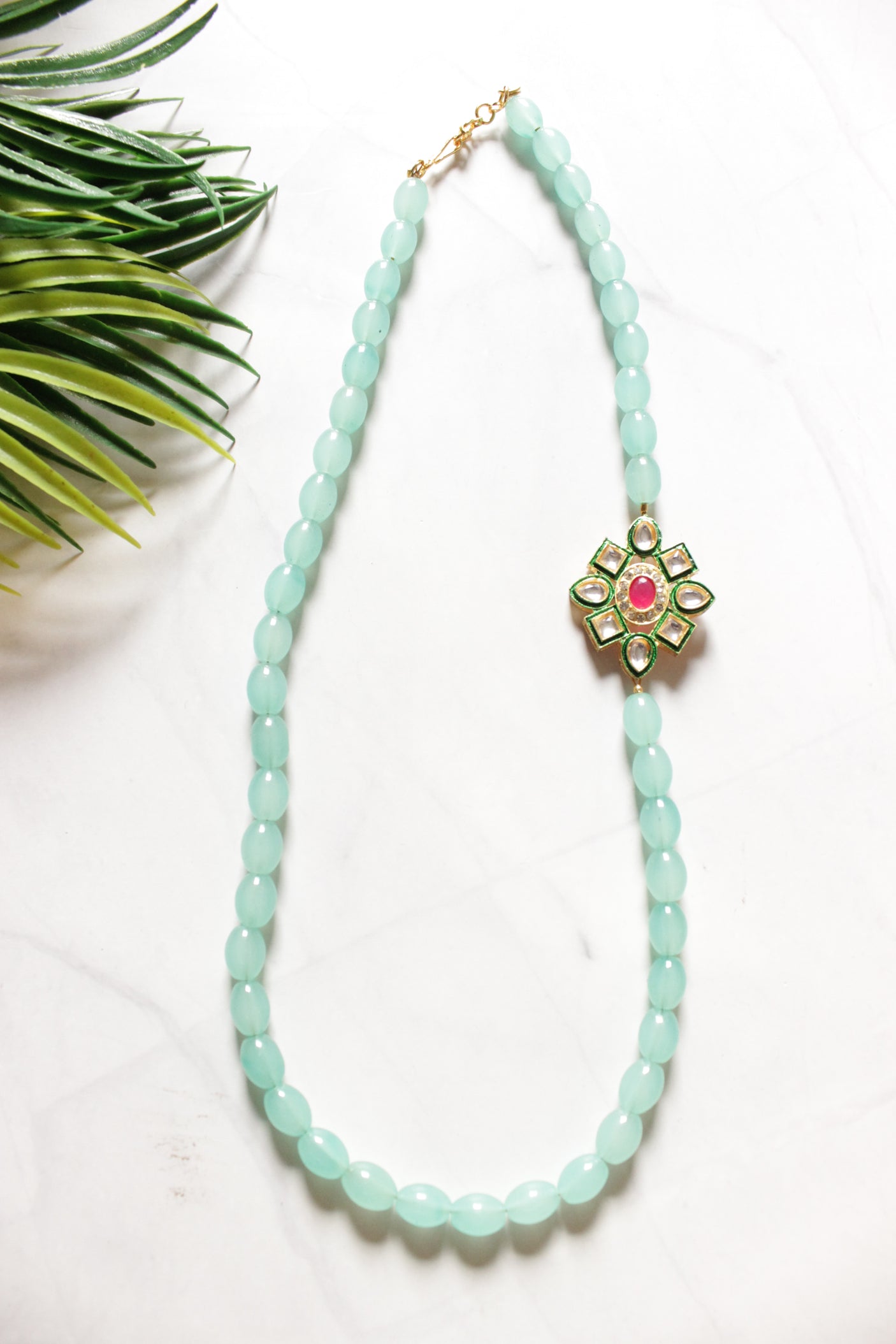 Turquoise Crystal Beads Kundan Embellished Long Necklace