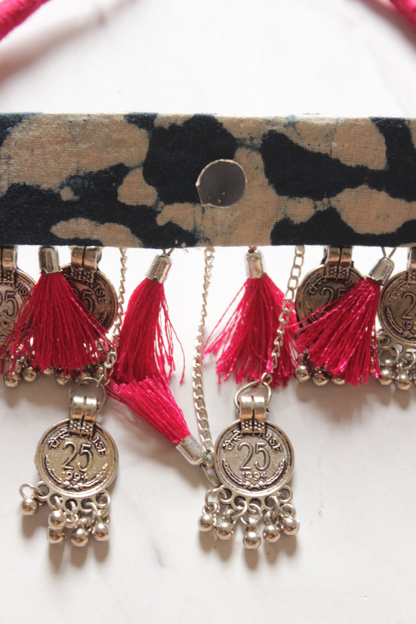 Indigo Fabric Stamped Metal Coins Charms Embellished Fabric Choker Necklace